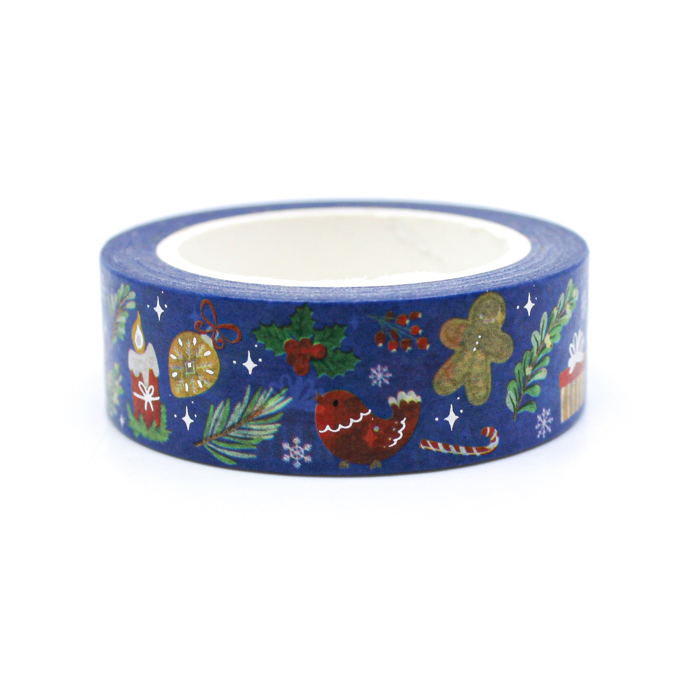 This is a washi tape with many joyful symbols including gingerbread man, holiday and presents, candle and ornaments Christmas Tape from BBB Supplies Craft and Washi Tape Shop.
