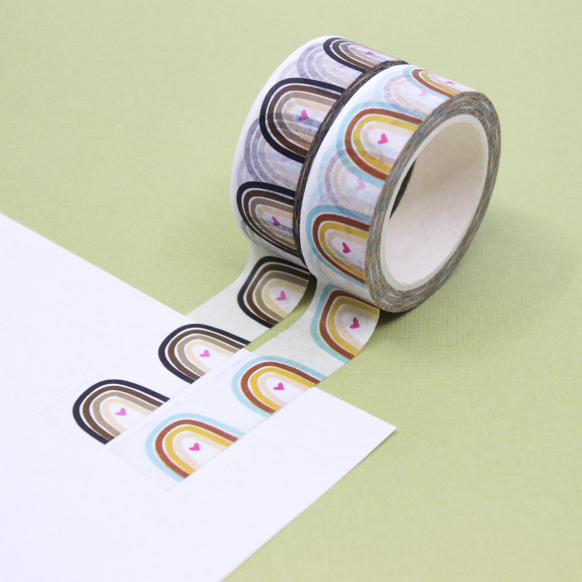 This tape is a modern rainbow using black, brown and tan neutral colors, making it perfect to work with any color or theme spread you may have. This tape is sold at BBB Supplies Craft Shop.