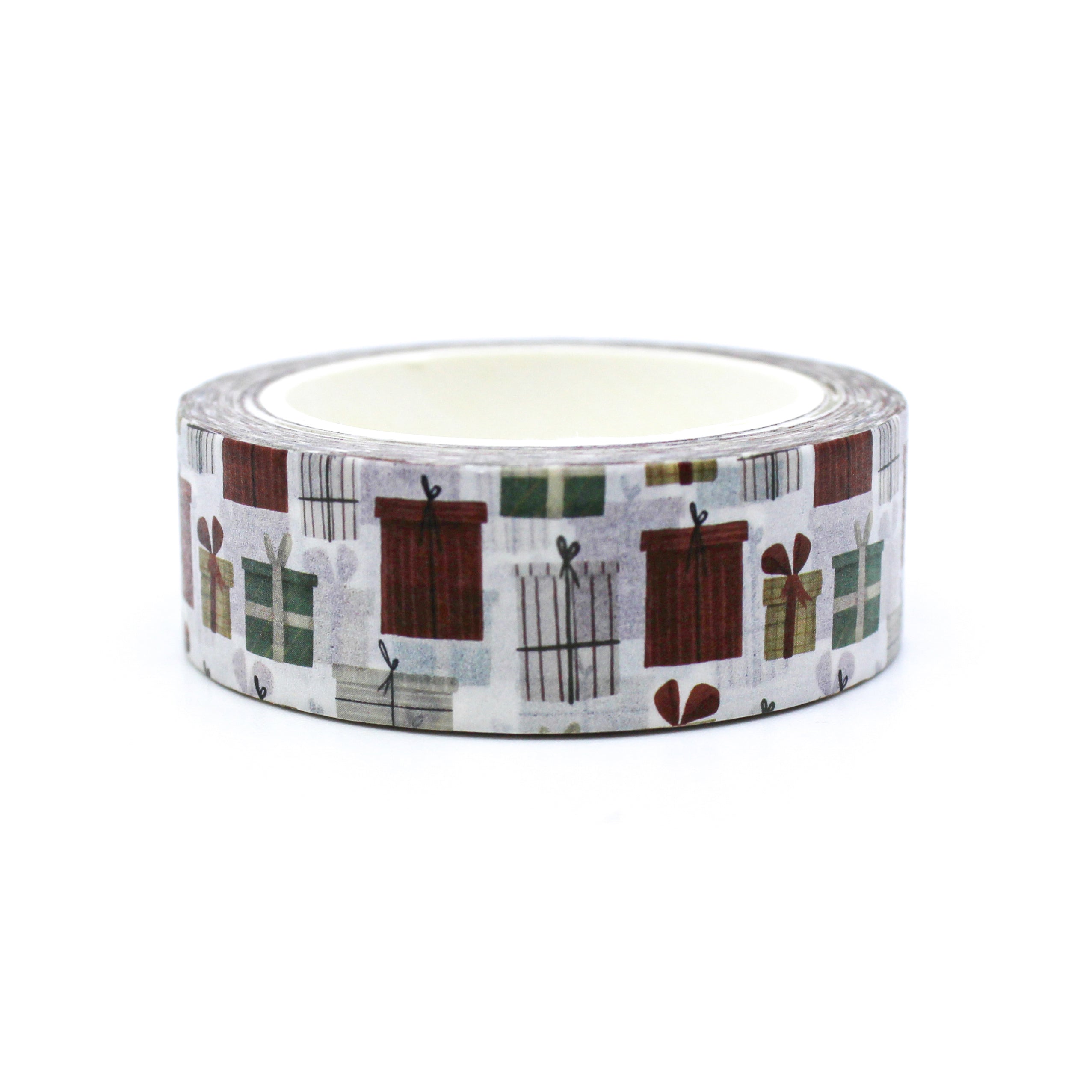 Modern Christmas gifts and presents washi tape with muted holiday colors from BBB Supplies Craft Shop.