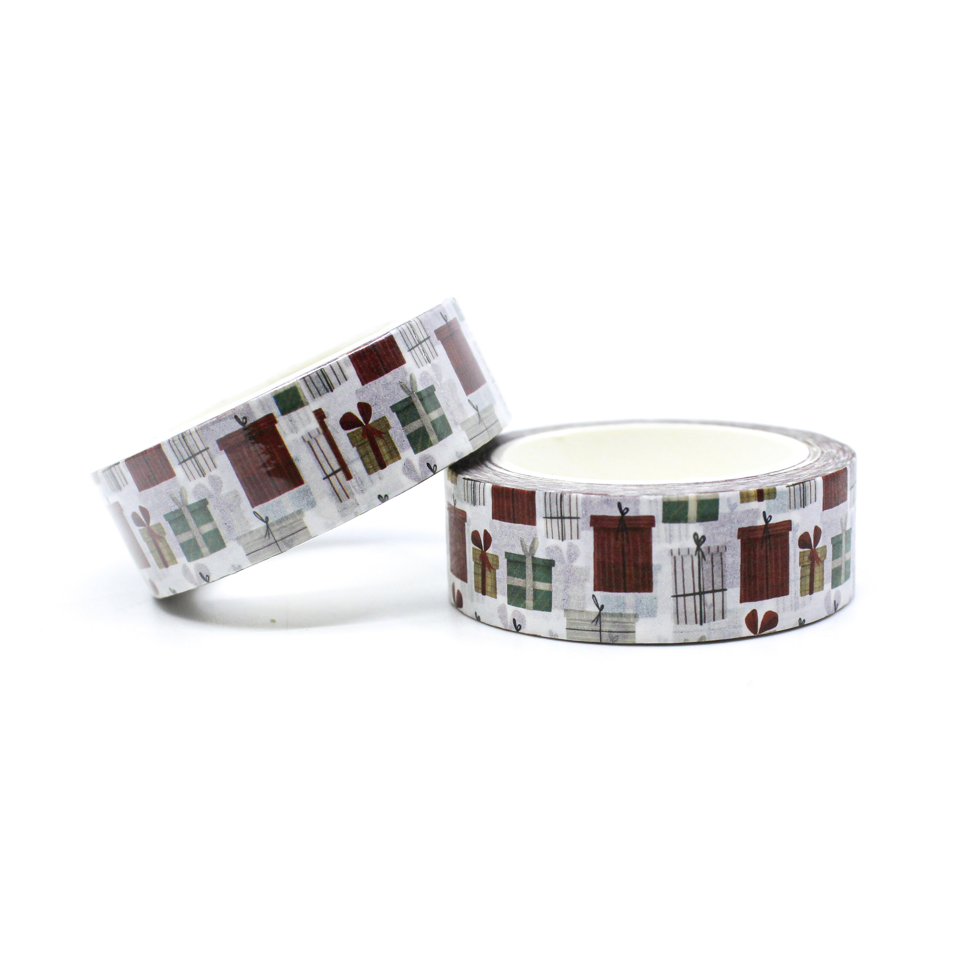 Modern Christmas gifts and presents washi tape with muted holiday colors from BBB Supplies Craft Shop.