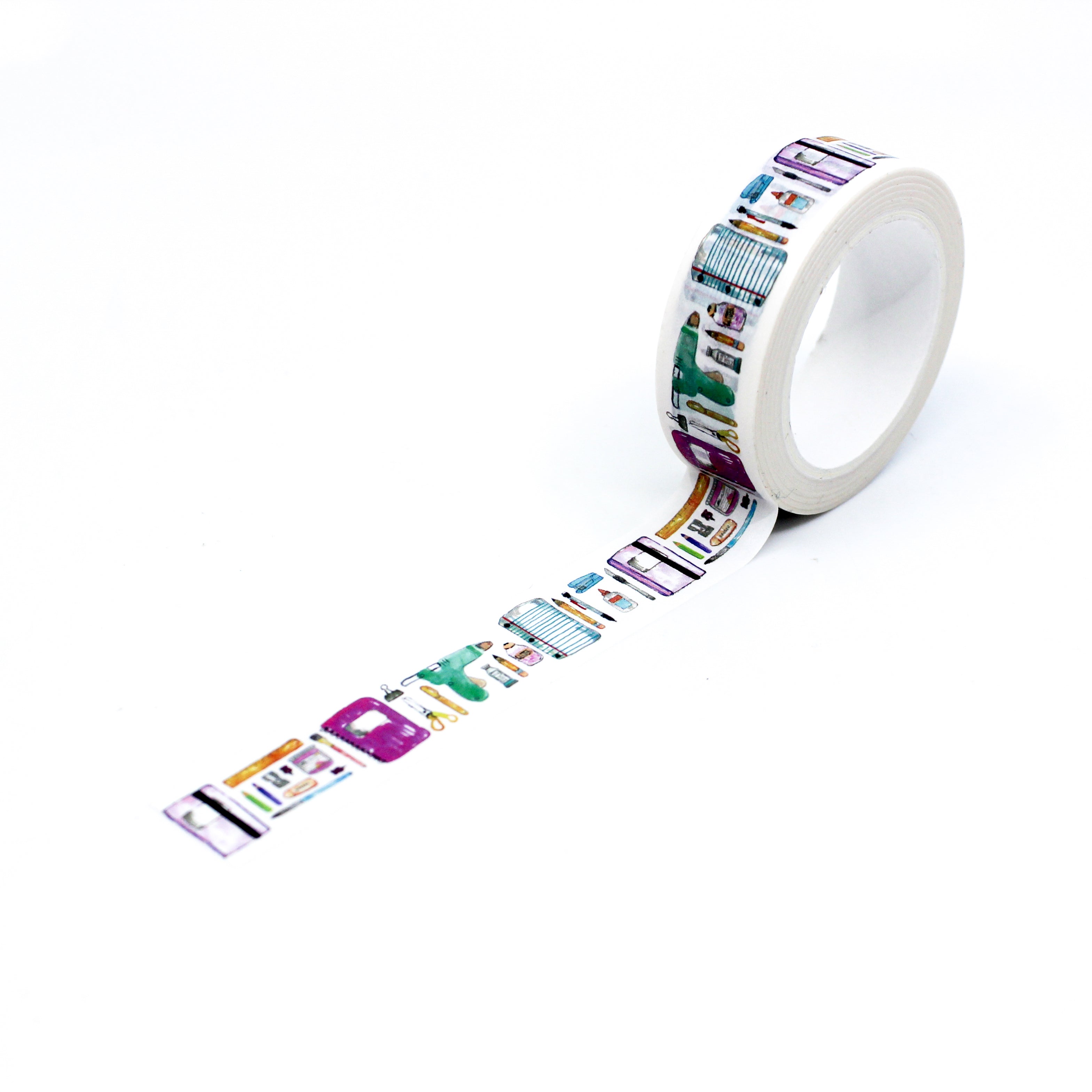This shows the full pattern repeat of BBB Supplies Planner addict washi tape with fun and colorful craft supplies images on it.