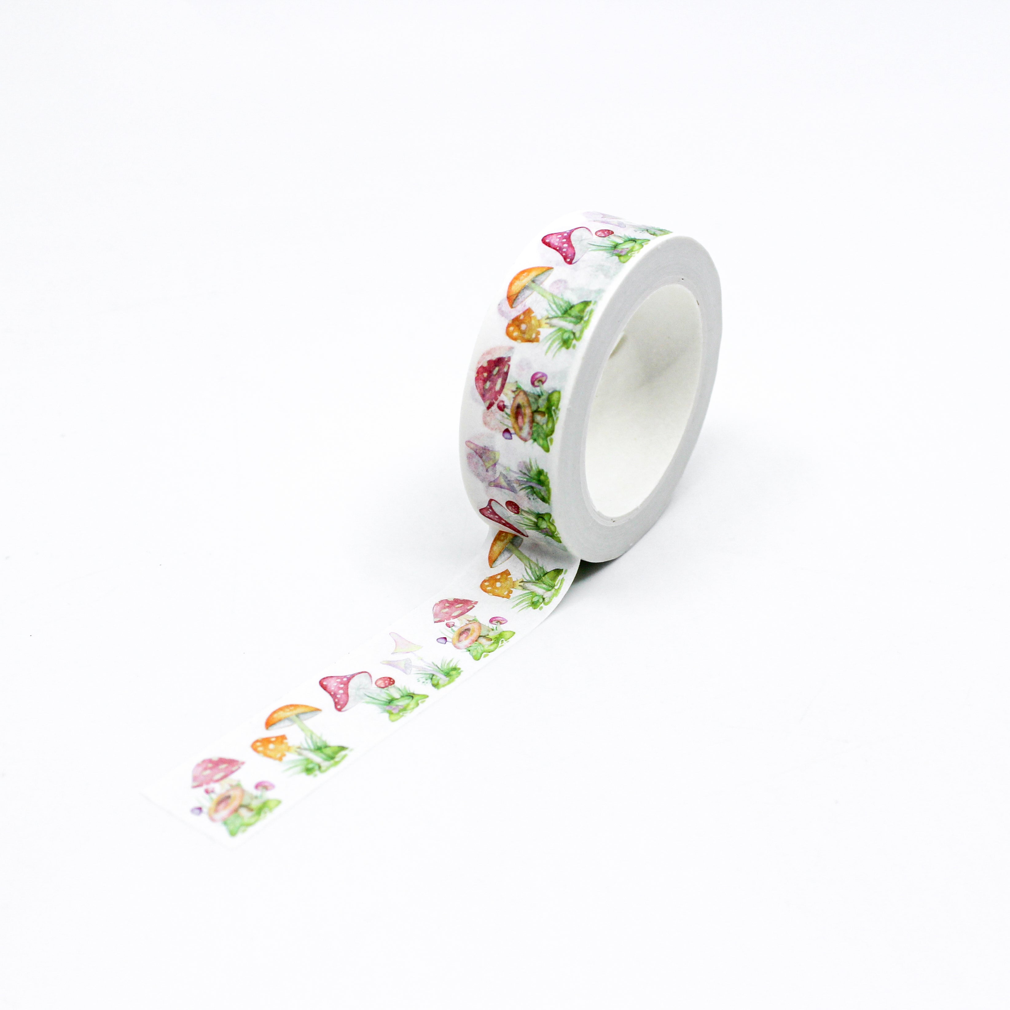 This is a full pattern repeat view of pastel color mushrooms pattern washi tape from BBB Supplies Craft Shop