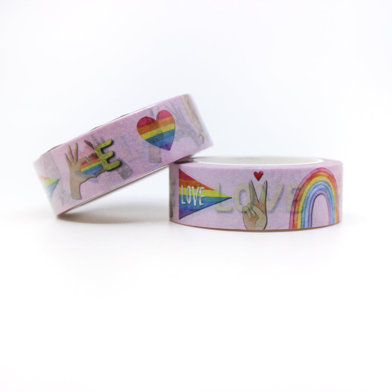 This washi tape features Pride symbols that show love is love. The rainbow pride flag, rainbow hearts and other pride symbols are perfect for your pride celebration. This tape is sold at BBB Supplies Craft Shop.