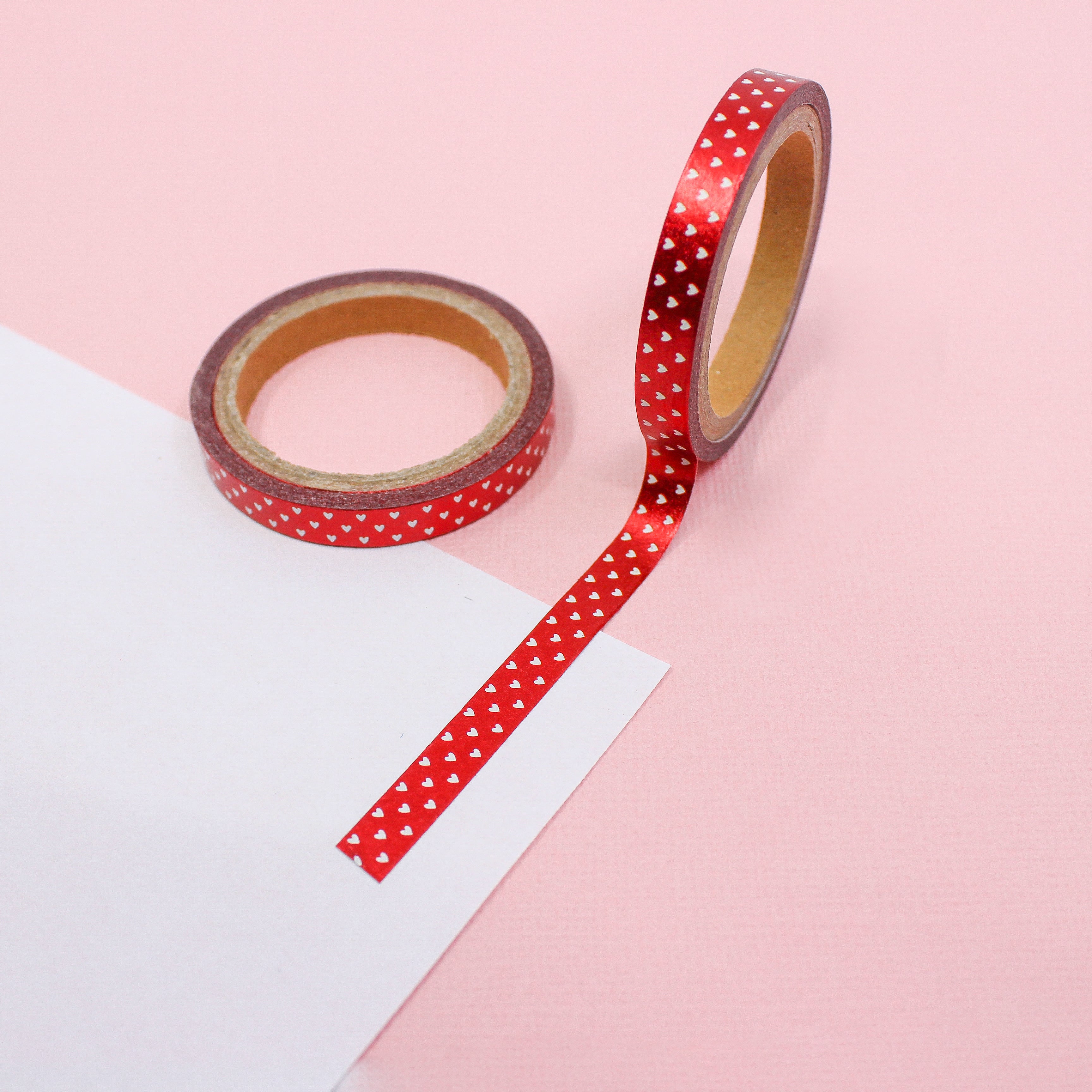 This is a red foil with tiny hearts valentine or wedding themed washi tape from BBB Supplies Craft Shop