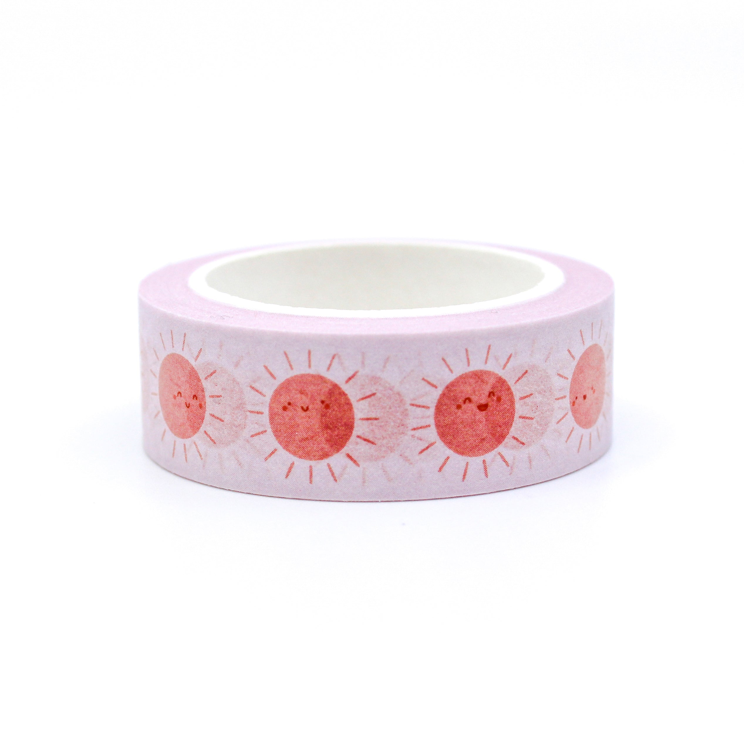 This is a full pattern repeat view of smiley sunshine themed washi tape from BBB Supplies Craft Shop