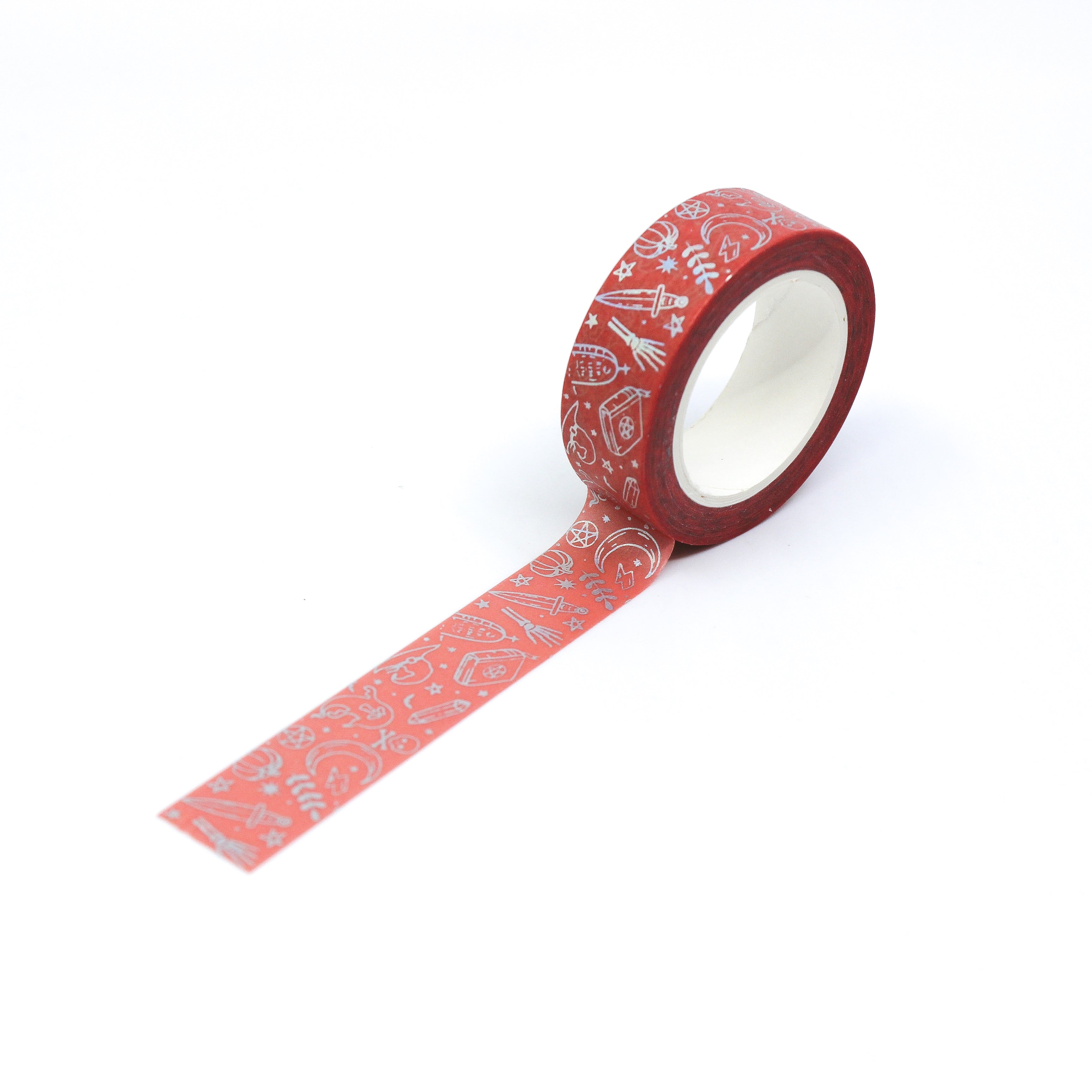 This is a full pattern repeat view of spooky silver and orange ghost themed washi tape from BBB Supplies Craft Shop