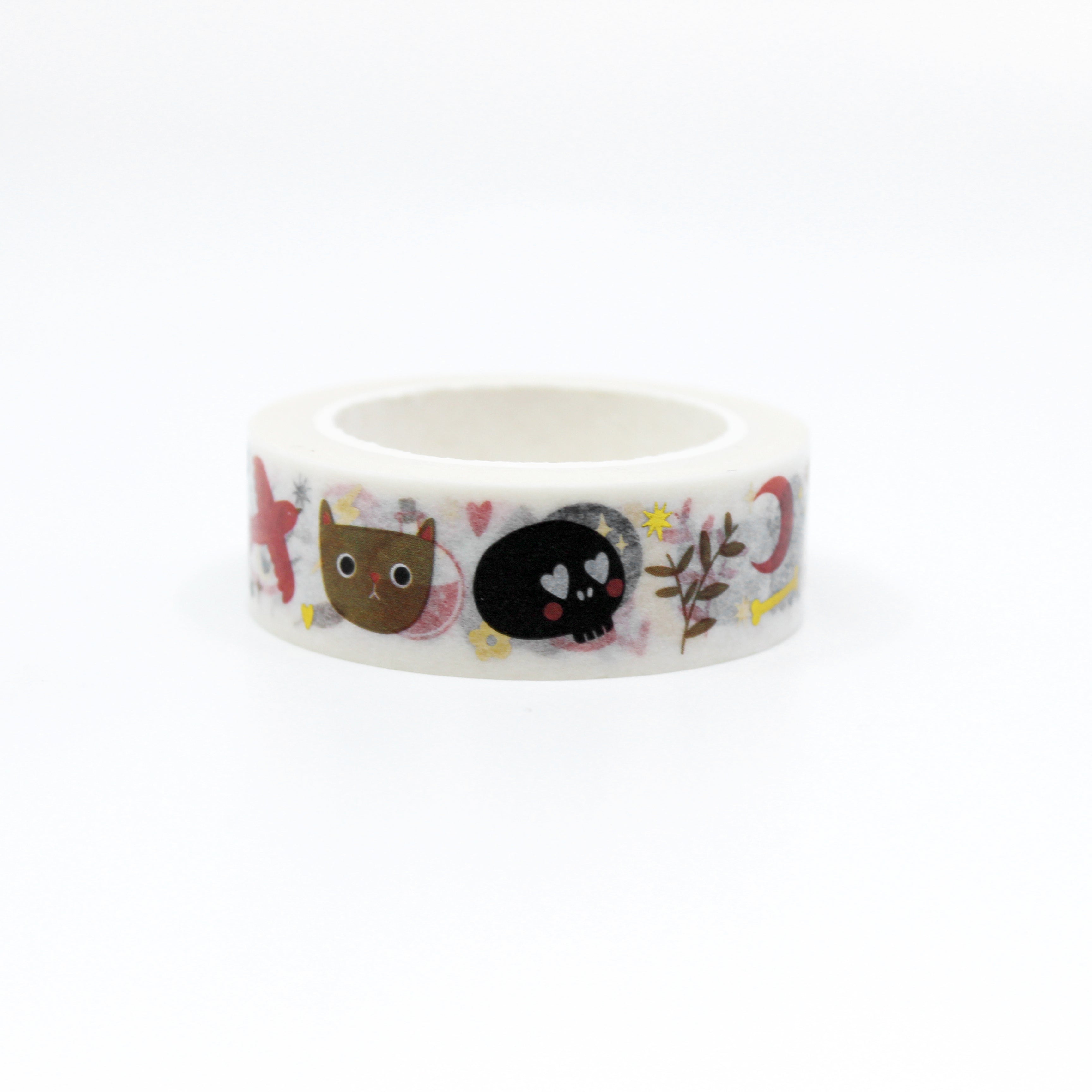 Mystical symbols washi tape featuring a pattern that includes fortune teller's ball, Ouija Planchette, heart skull, snake, crescent moon and more with an autumn orange palette and gold foil accents. This washi tape from Nutmeg and Arlo and is available at BBB Supplies 