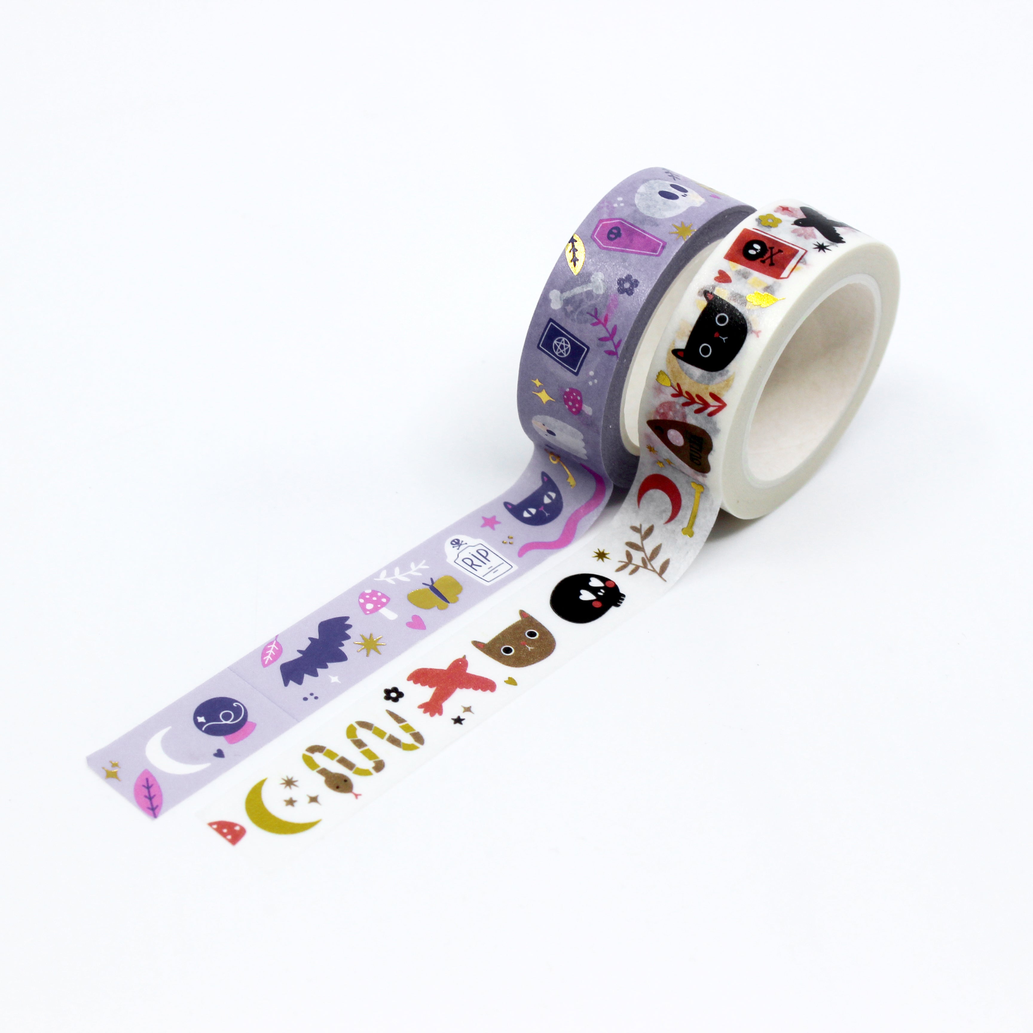 This photo shows two mystical halloween Pattern washi tapes from Nutmeg and Arlo and sold at BBB Supplies craft and washi shop.