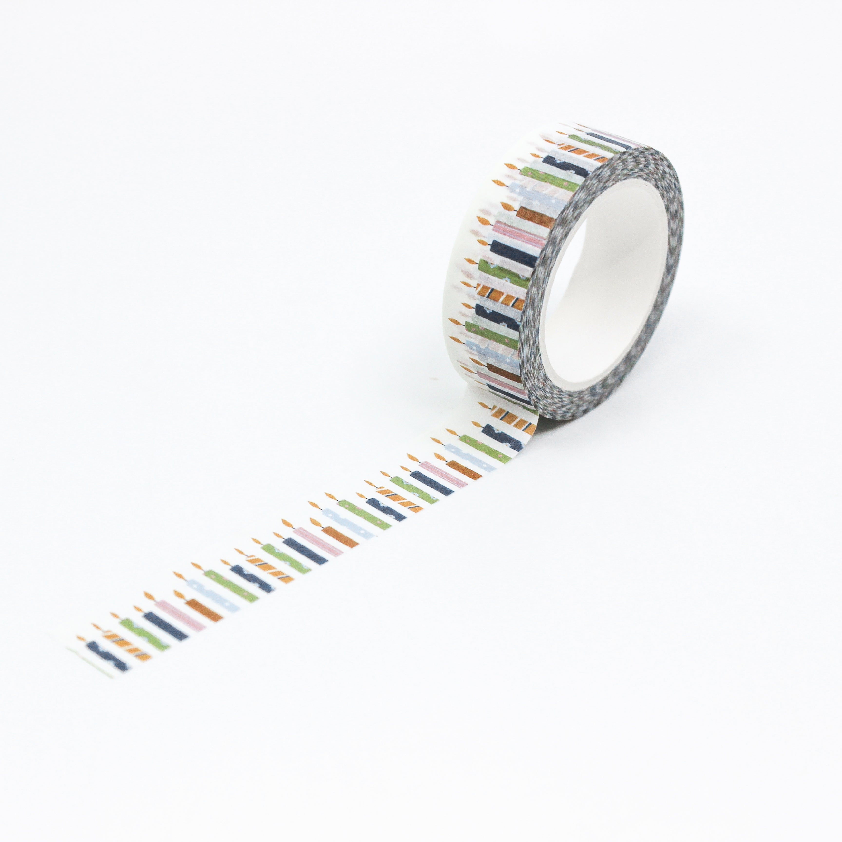 This is a full pattern repeat view of colorful candles themed washi tape from BBB Supplies Craft Shop