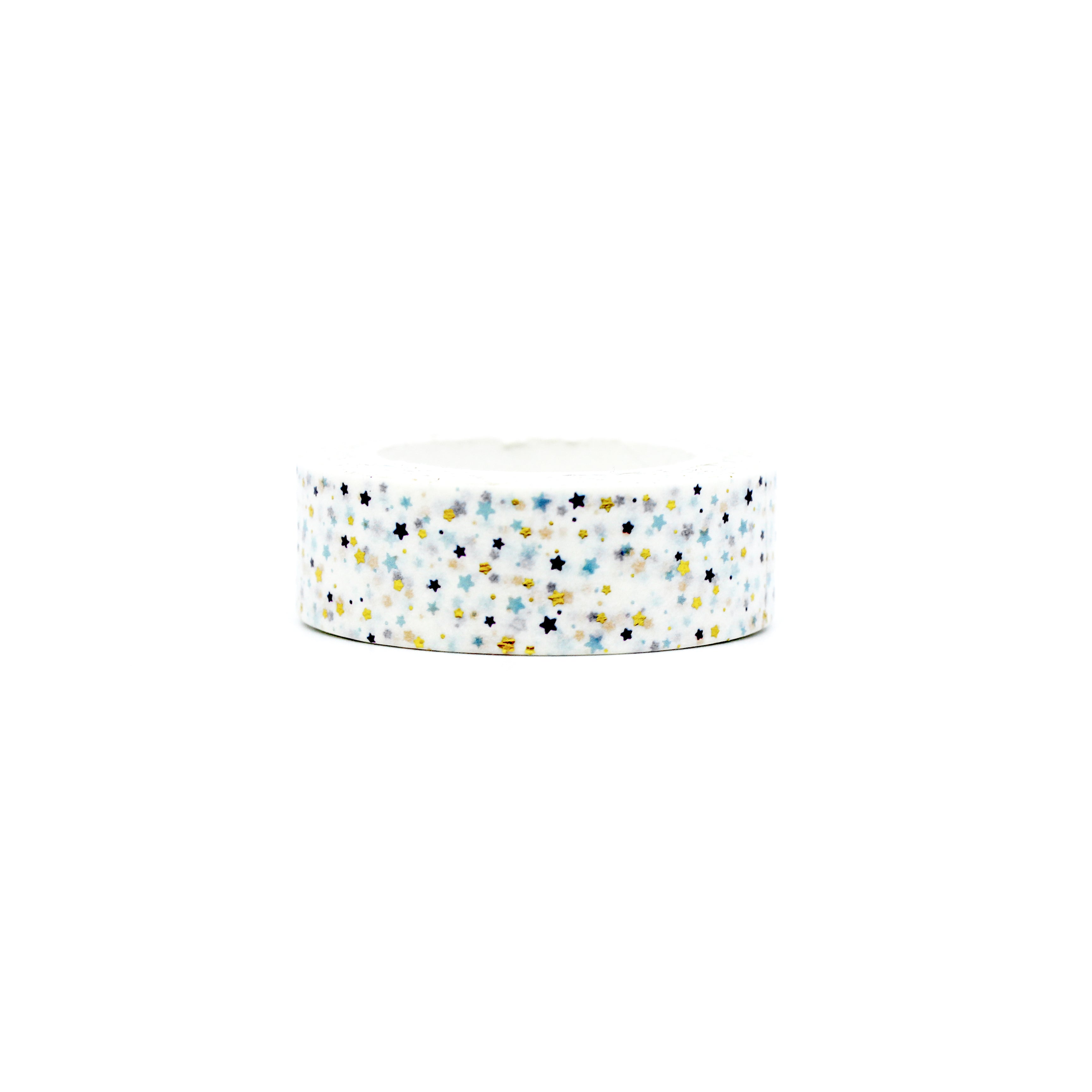 This is a confetti of cute little blue, black and gold little stars pattern on white foil background washi tape from BBB Supplies Craft Shop