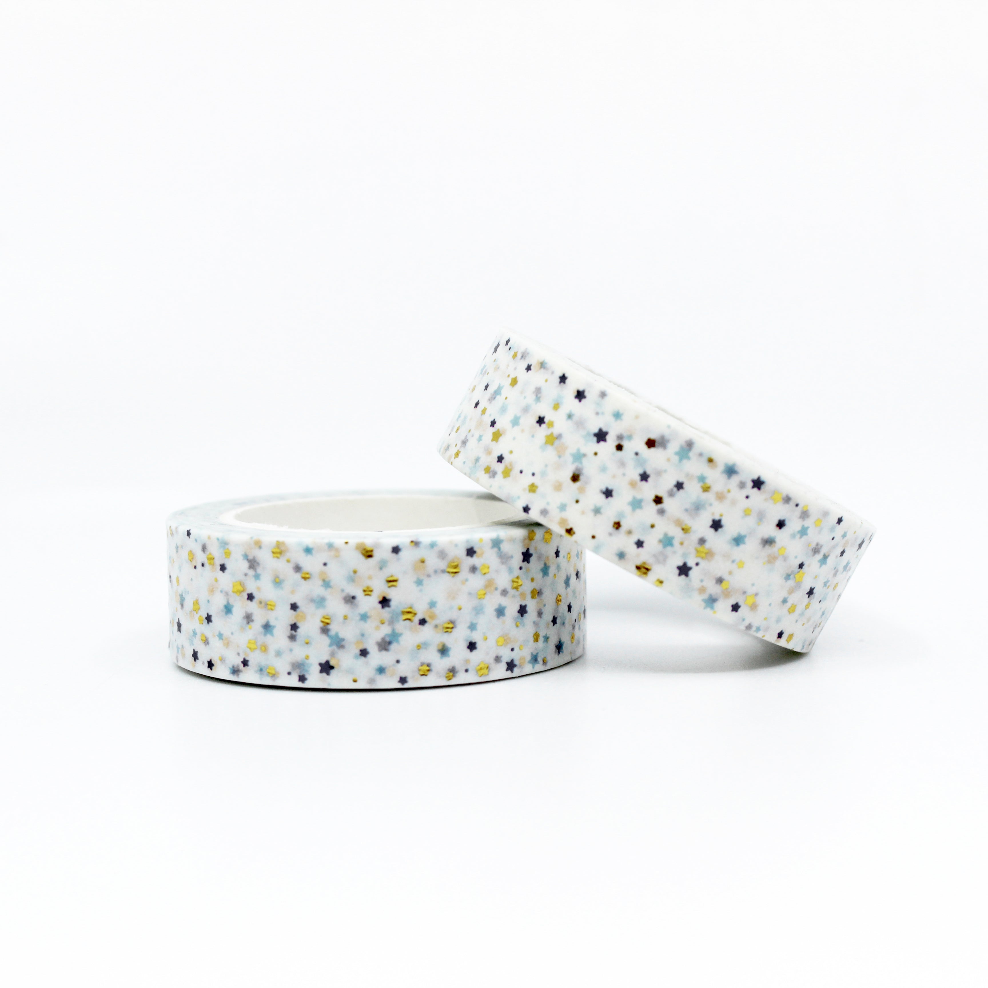 This is a confetti stars astronomy pattern on white foil background washi tape for Journal Supplies, Scrapbooking washi tapes from BBB Supplies Craft Shop