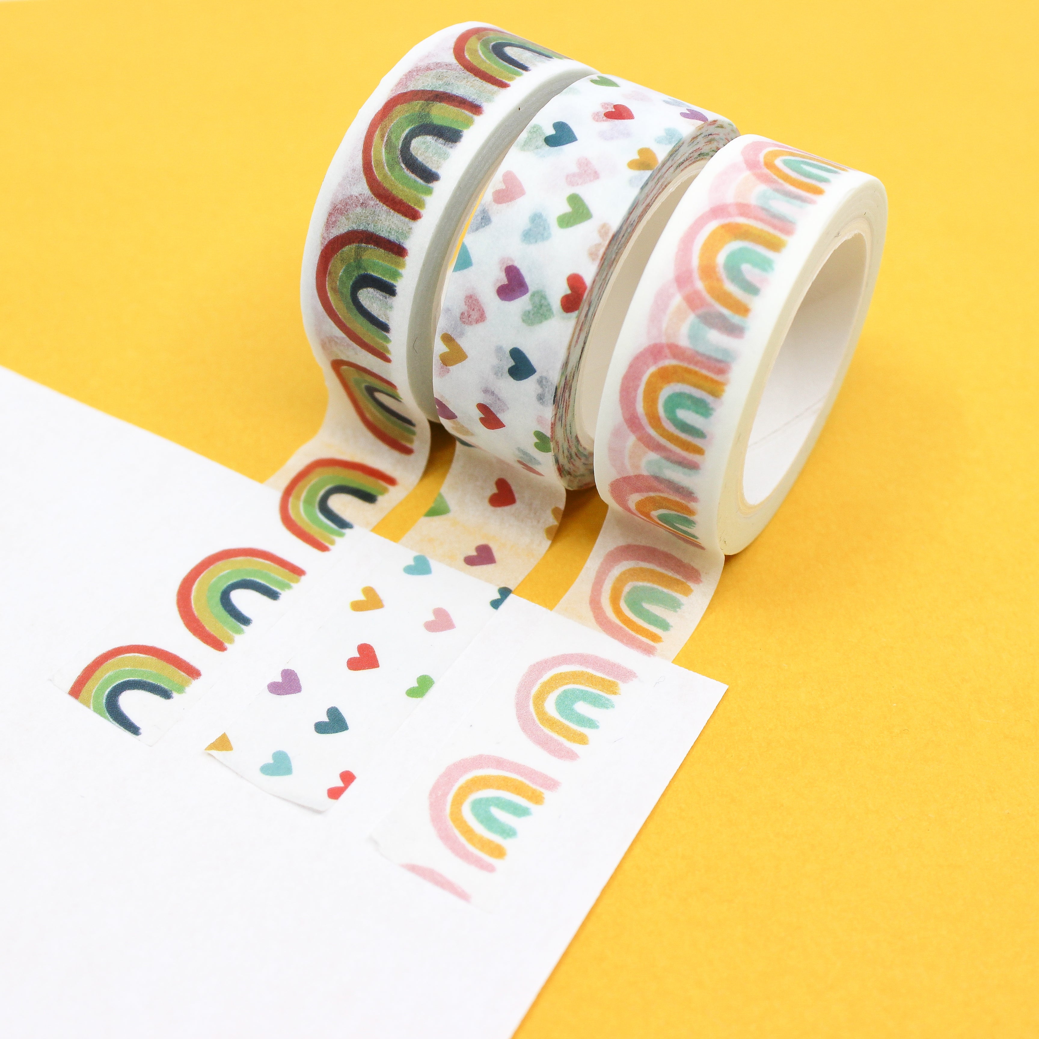 This is a fun and colorful tiny rainbow hearts and rainbow pattern collection of washi tape from BBB Supplies craft and journaling shop.