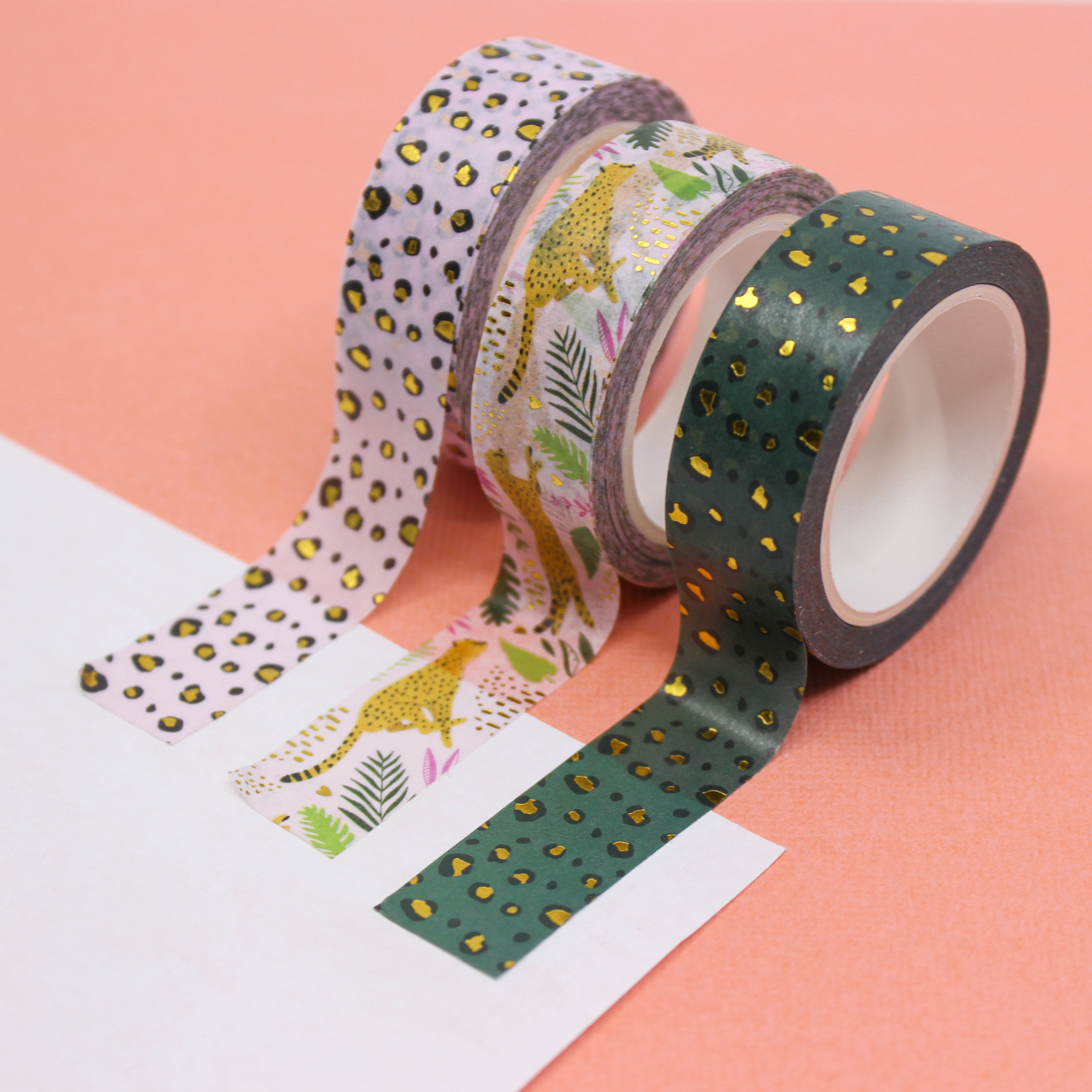This is a photo of bbb Supplies Leopard collection which includes our pink pastel, jungle green, and running leopard. A fun and funky addition to your washi collection.