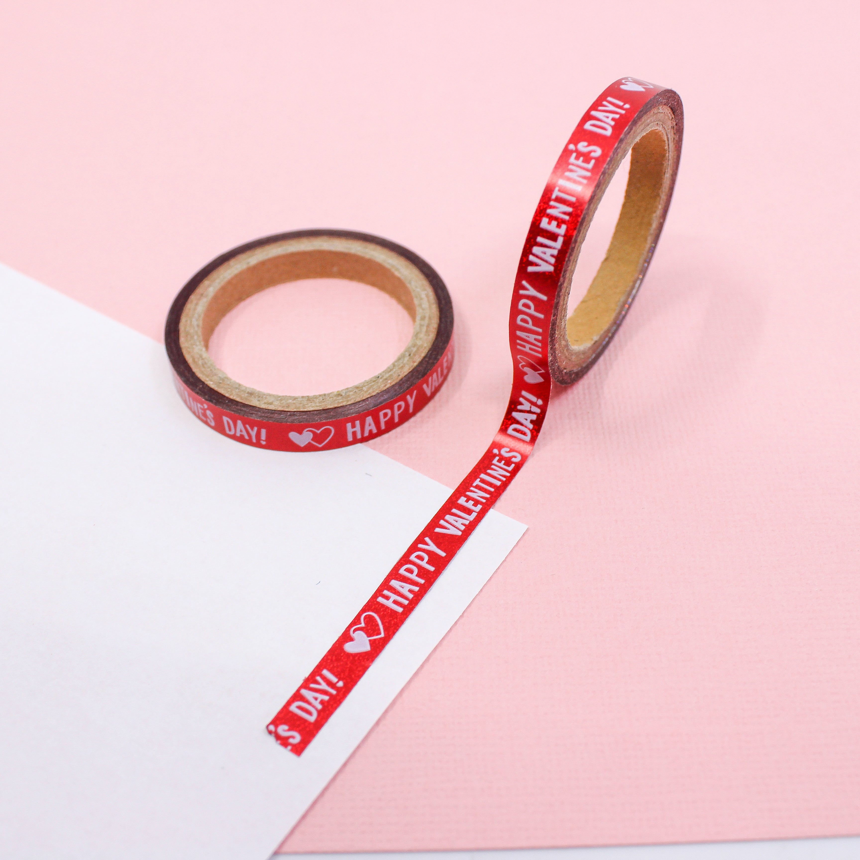This is a holographic red happy valentines day greeting themed washi tape from BBB Supplies Craft Shop