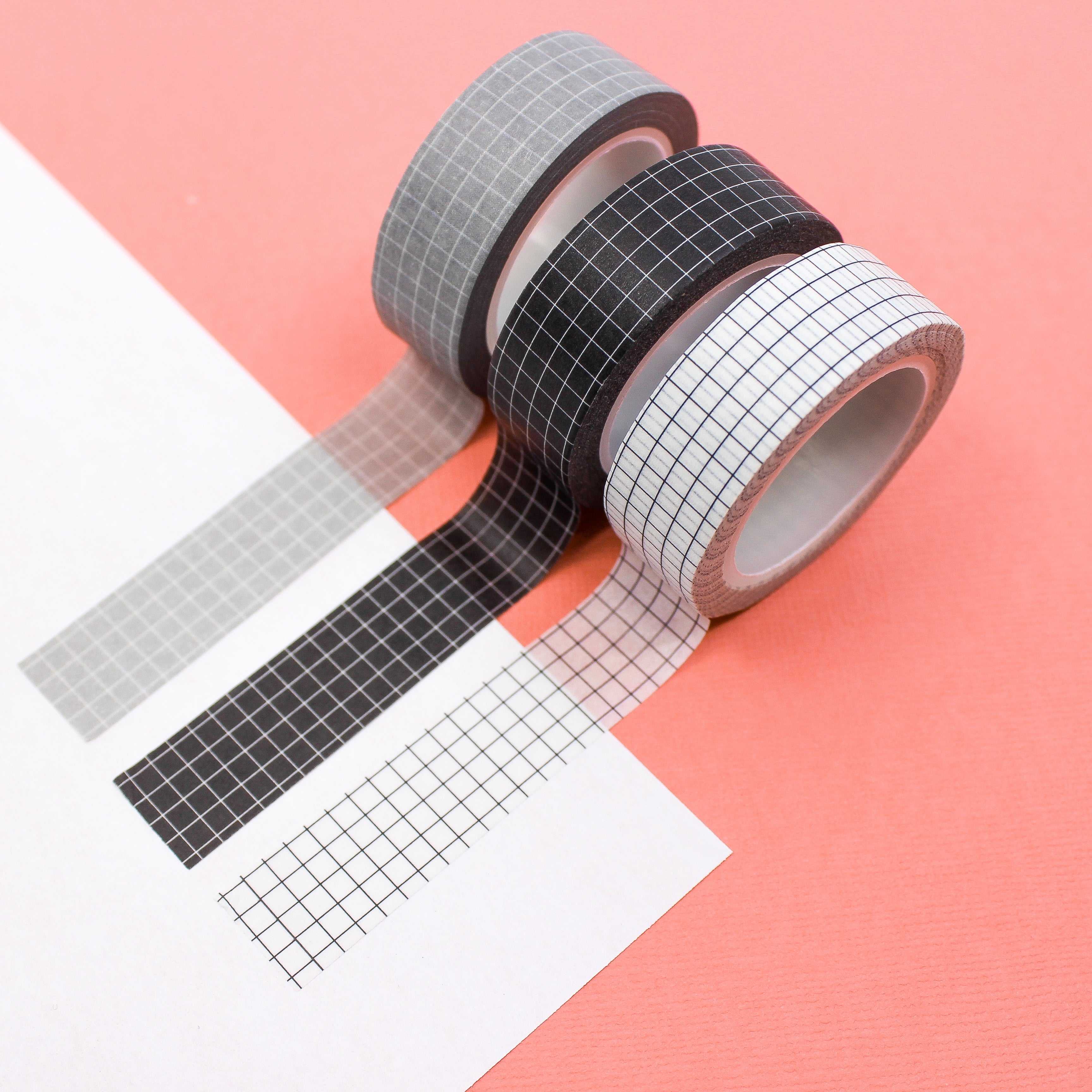This is a collection of grey, black and white essentials grid washi tape from BBB Supplies Craft Shop