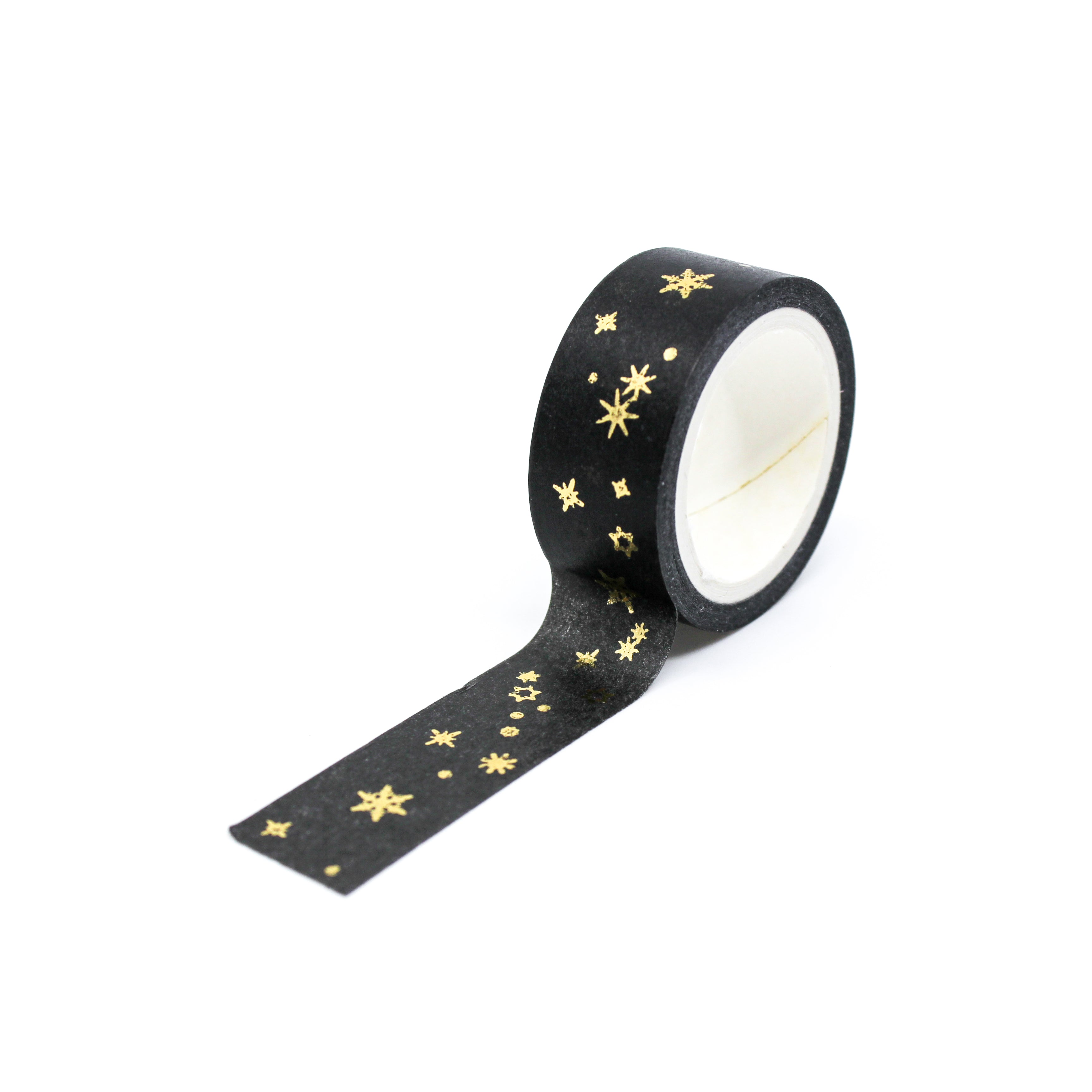 This is a full pattern repeat view of black and gold Bethlehem North star washi tape from BBB Supplies Craft Shop