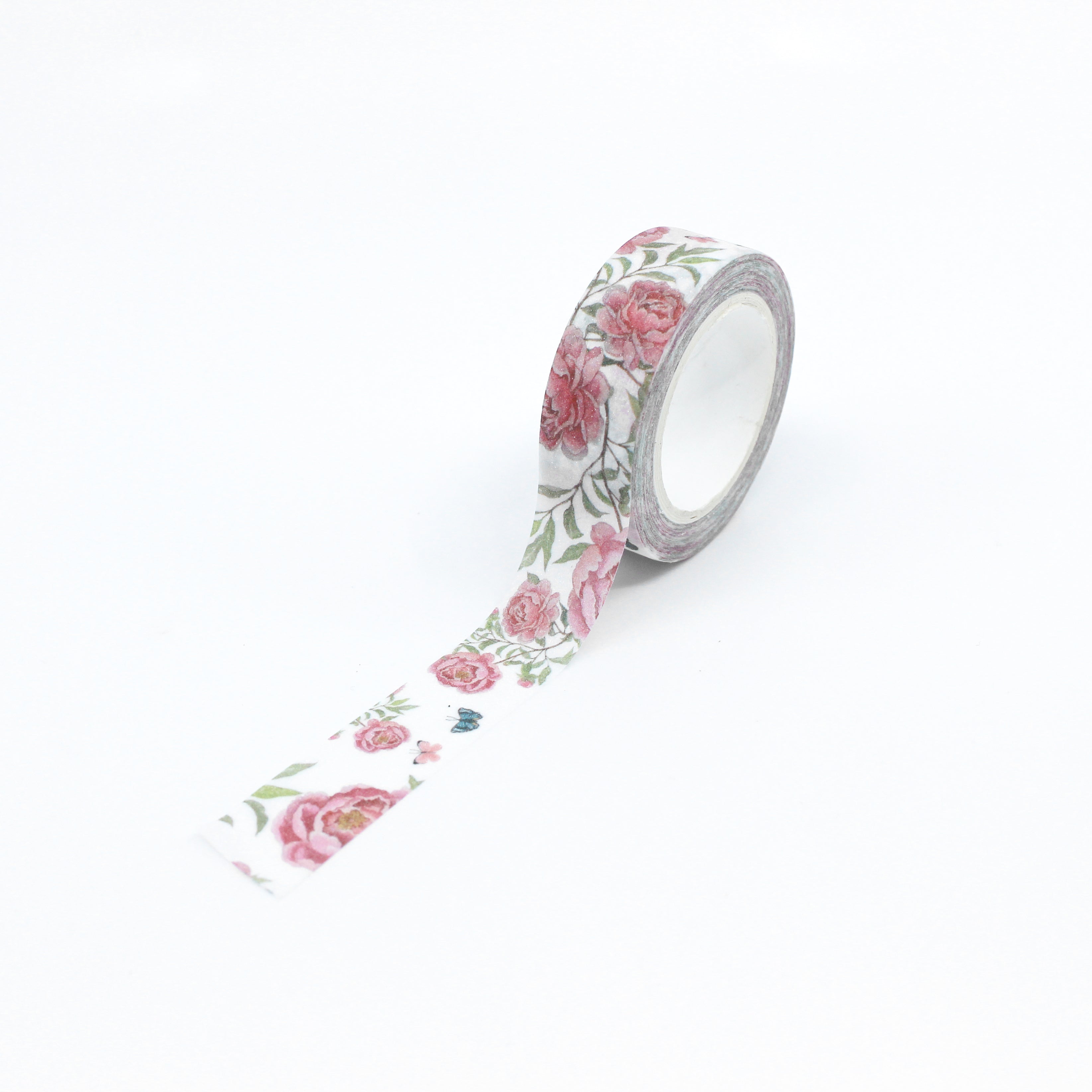 This is a full pattern repeat view of pink roses with butterflies washi tape BBB Supplies Craft Shop