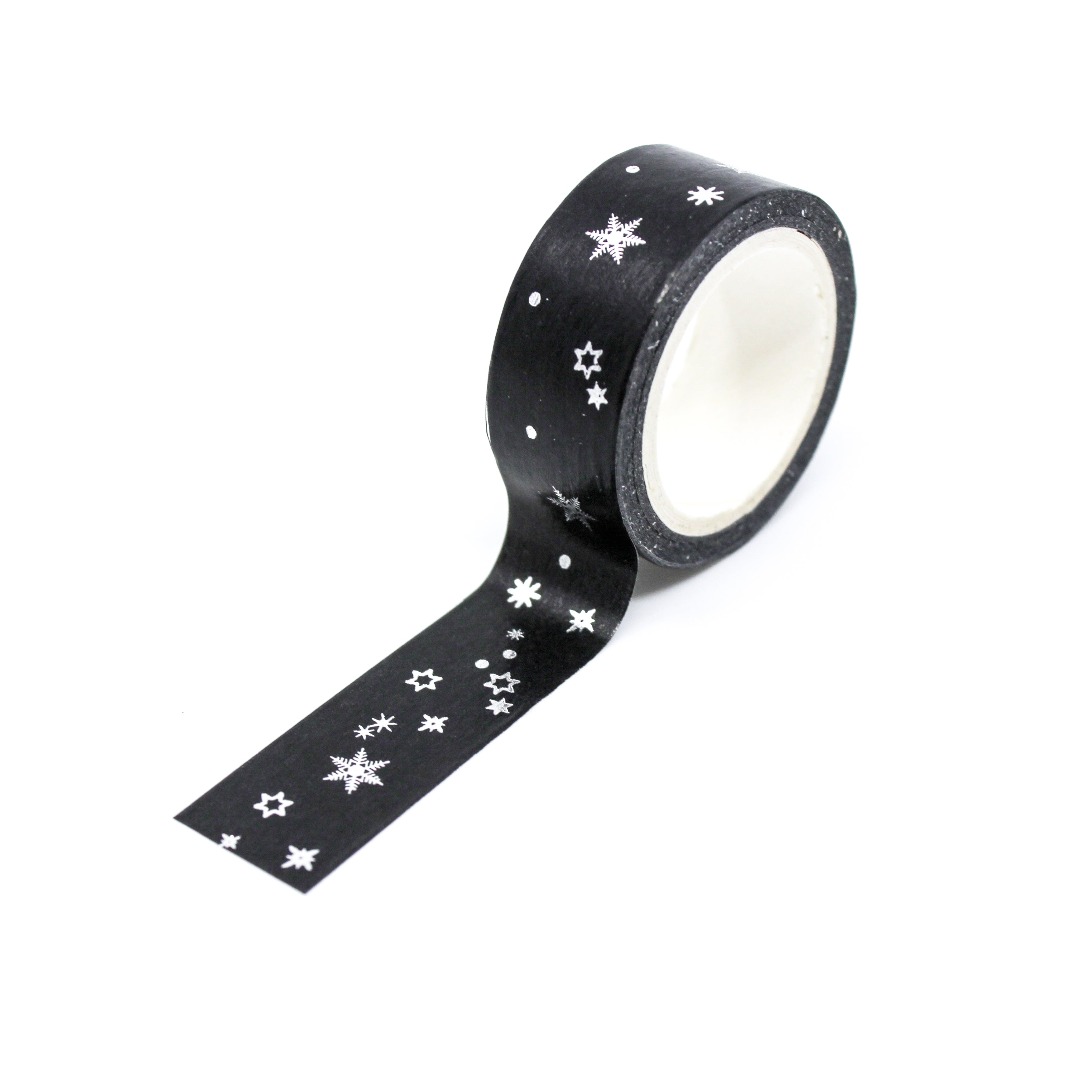 This is a full pattern repeat view of white stars and black pattern washi tape from BBB Supplies Craft Shop