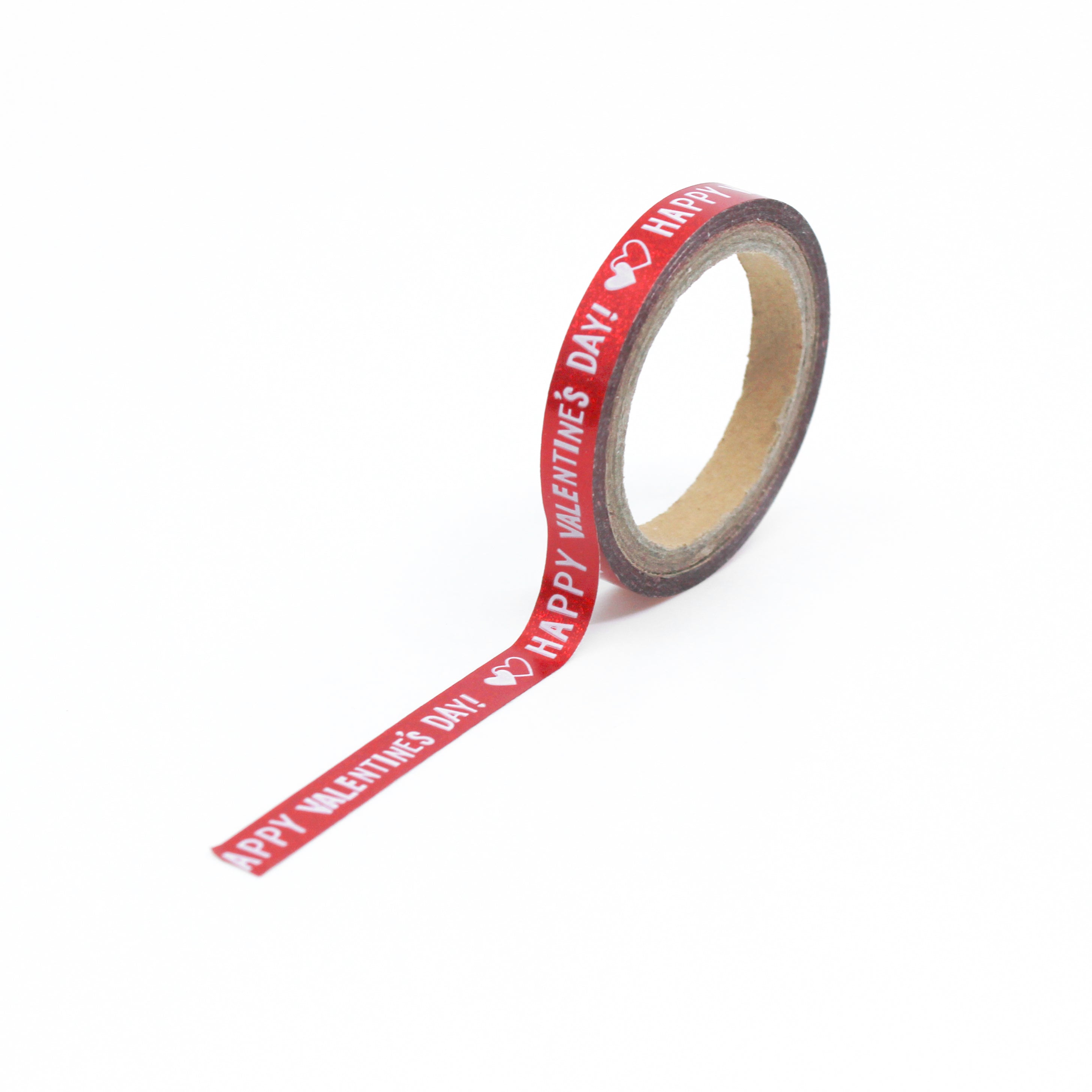 This is a full pattern repeat view of  red holographic happy valentines Day Text greetings themed washi tape from BBB Supplies Craft Shop