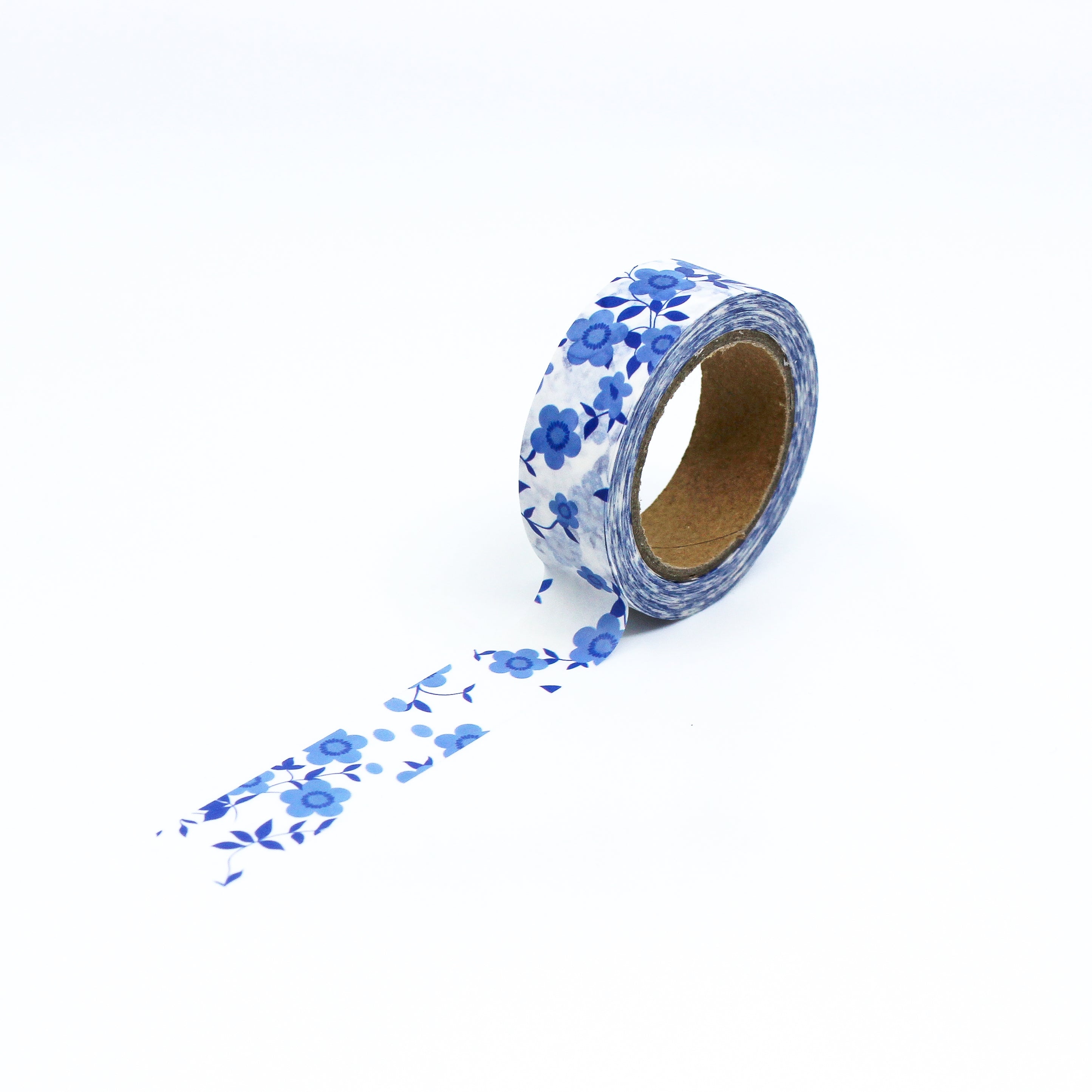 This is a full pattern repeat view of blue flowers washi tape from BBB Supplies Craft Shop