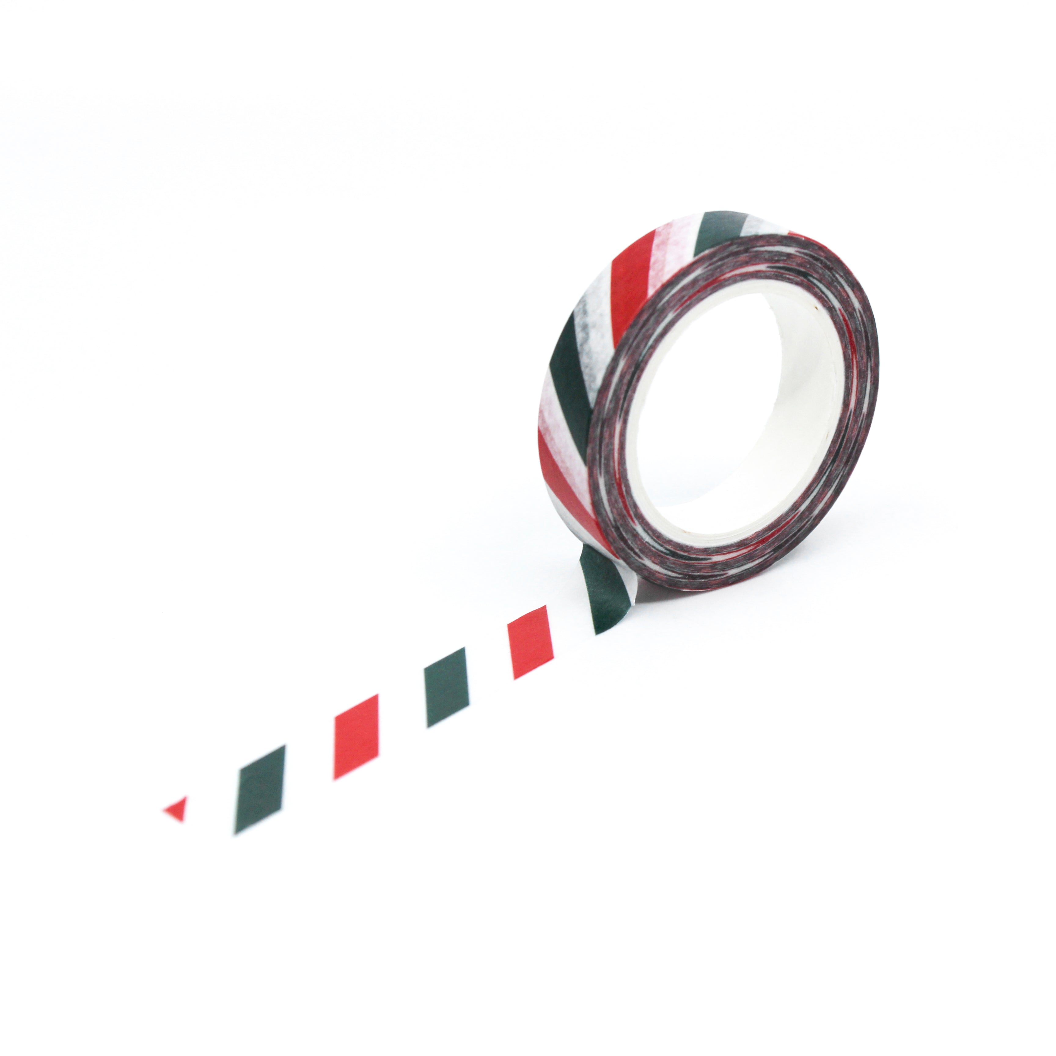 This is a full pattern repeat view of red, green and white stripe washi tape from BBB Supplies Craft Shop