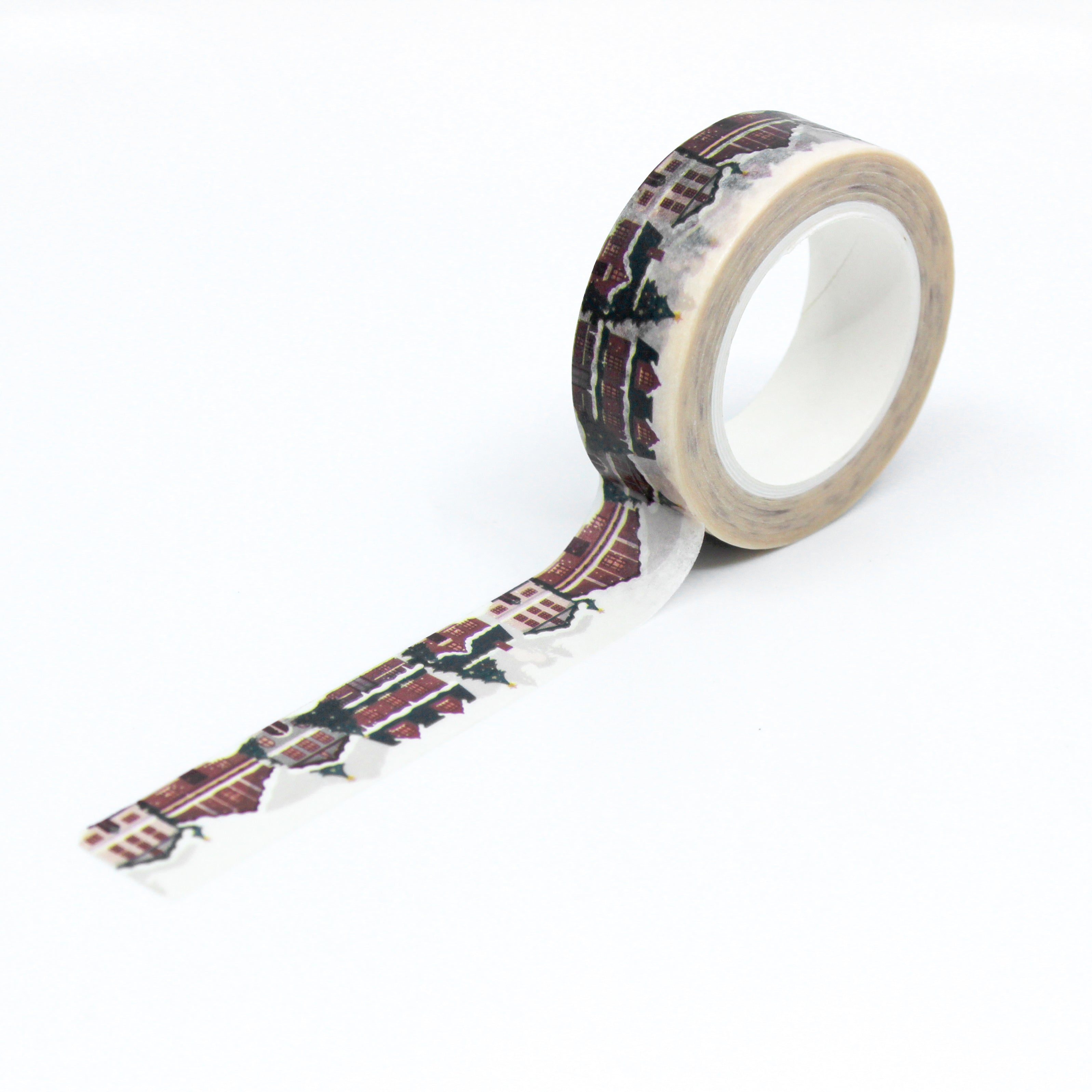 This is a full pattern repeat view of red Christmas Village washi tape from BBB Supplies Craft Shop
