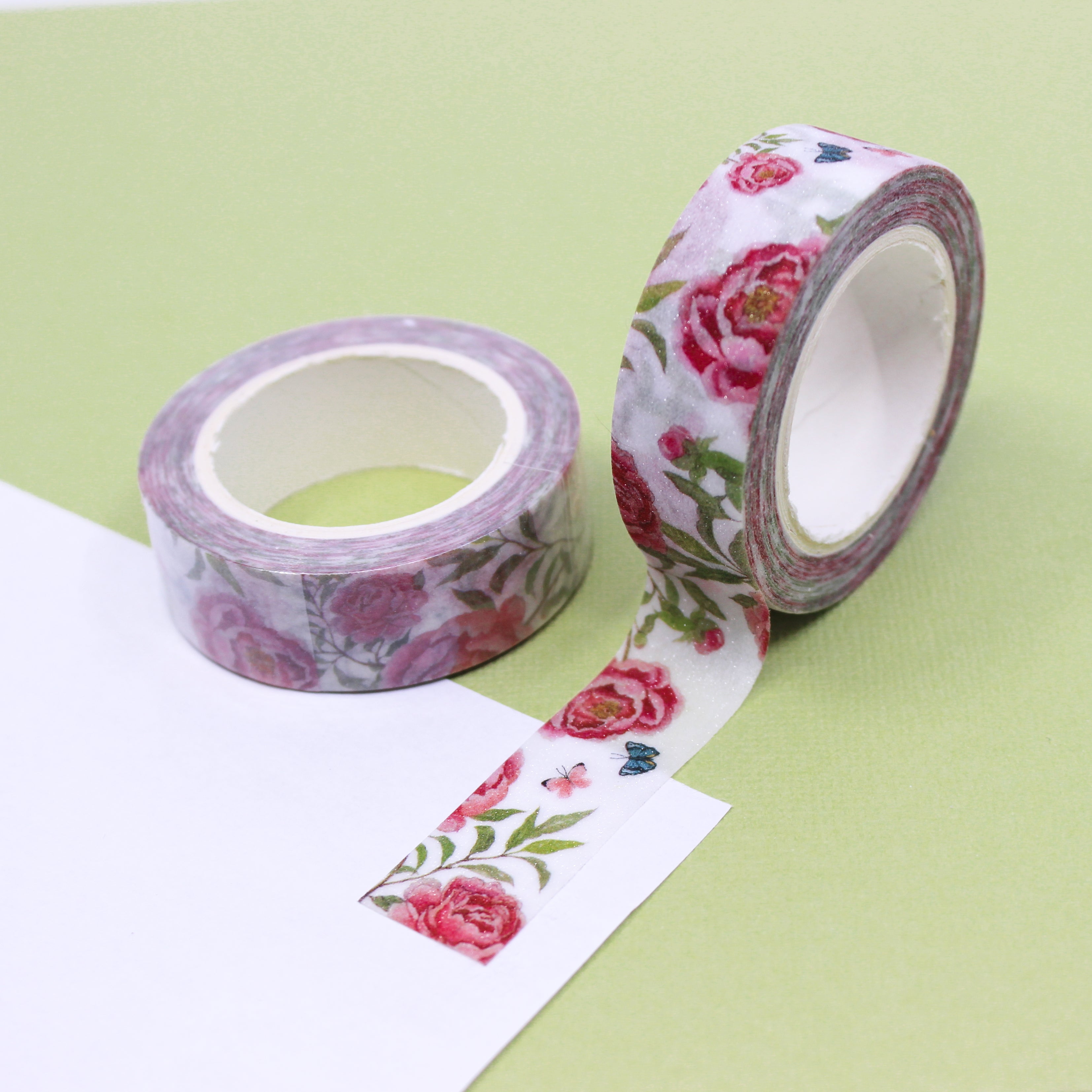 This is a beautiful pink roses and butterflies pattern view themed washi tape from BBB Supplies Craft Shop