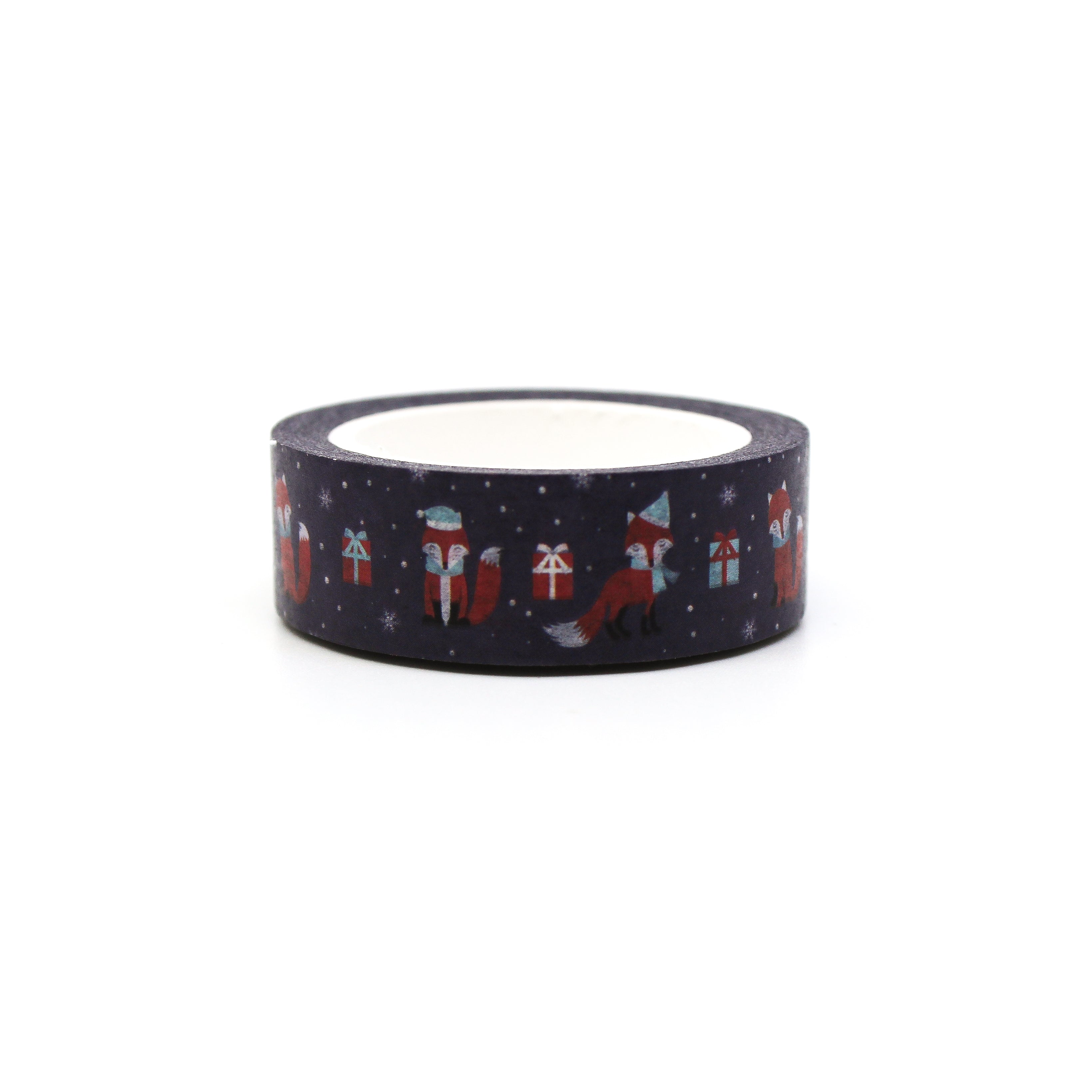This is front view of a photo of a navy blue and red fox washi tape. The fox is wearing a hat and scarf with a Christmas gift from BBB Supplies Journaling and Washi Craft Supply Shop.
