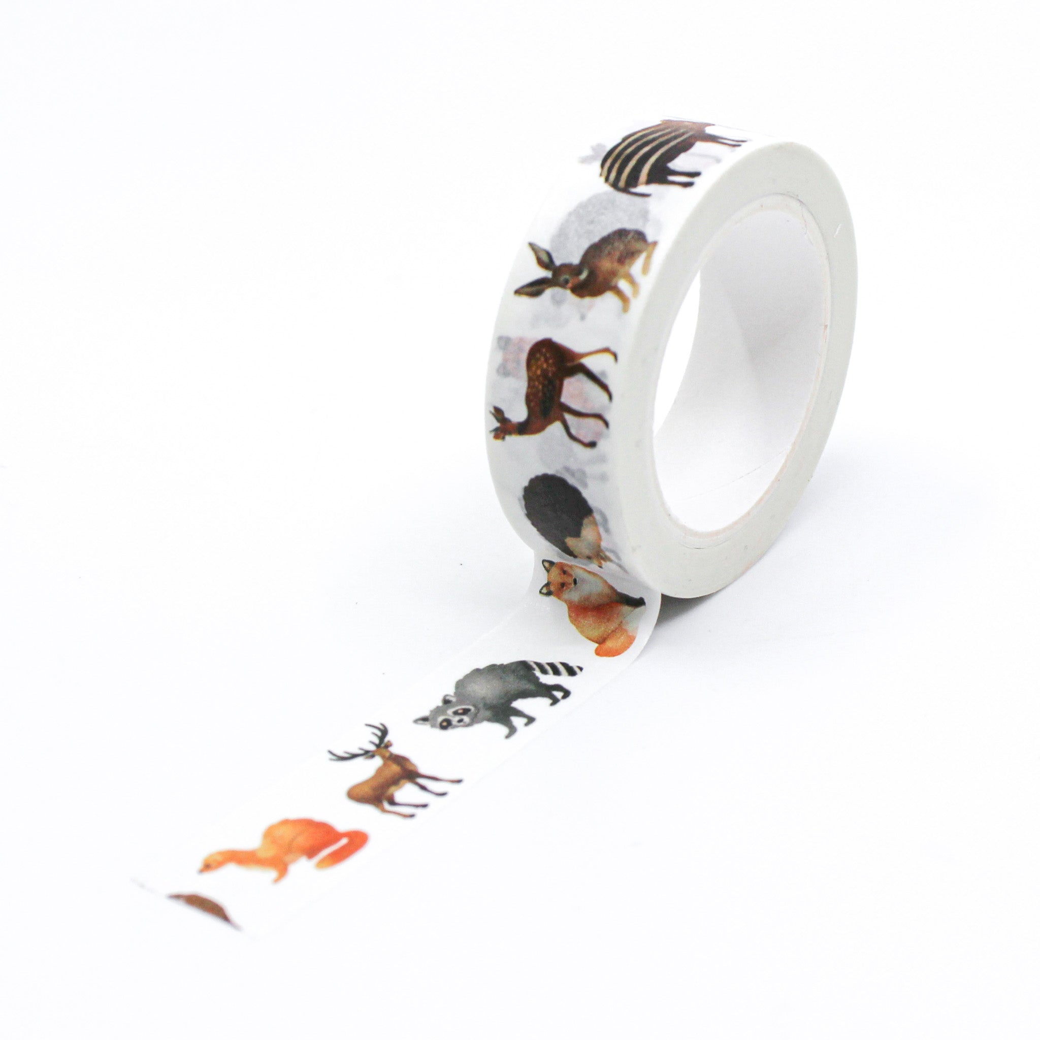 This is a full pattern repeat view of woodland creatures washi tape from BBB Supplies Craft Shop