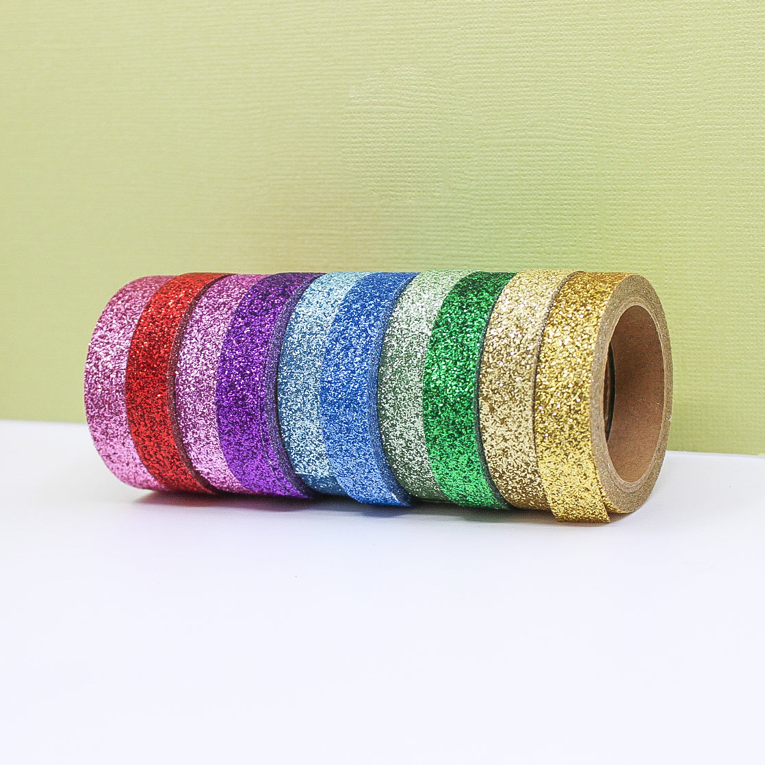 This set of washi tape is perfect for multiple projects. The set includes pastel and primary red, blue, yellow, green, blue, and purple glitter tapes. This tape will add some sparkle to any project. This set is sold at BBB Supplies Craft Shop.