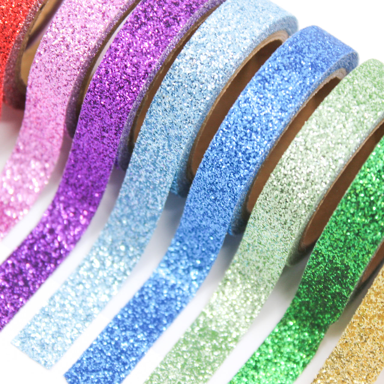 This set of washi tape is perfect for multiple projects. The set includes pastel and primary red, blue, yellow, green, blue, and purple glitter tapes. This tape will add some sparkle to any project. This set is sold at BBB Supplies Craft Shop.