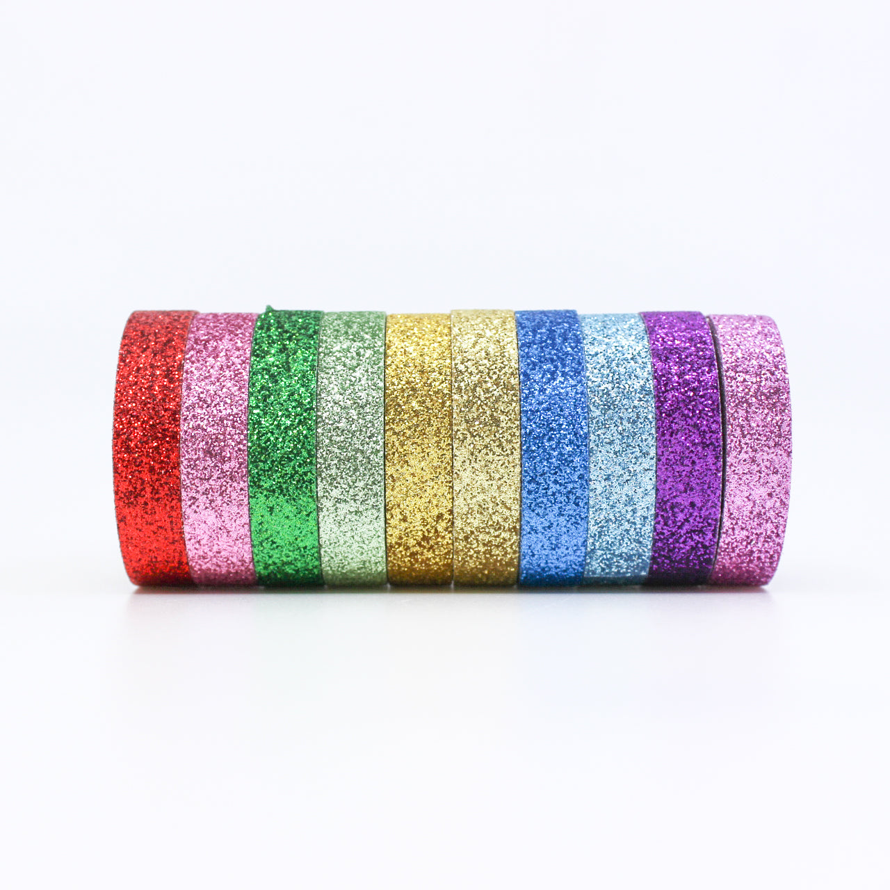 This set of washi tape is perfect for multiple projects. The set includes pastel and primary red, blue, yellow, green, blue, and purple glitter tapes. This tape will add some sparkle to any project. This set is sold at BBB Supplies Craft Shop.