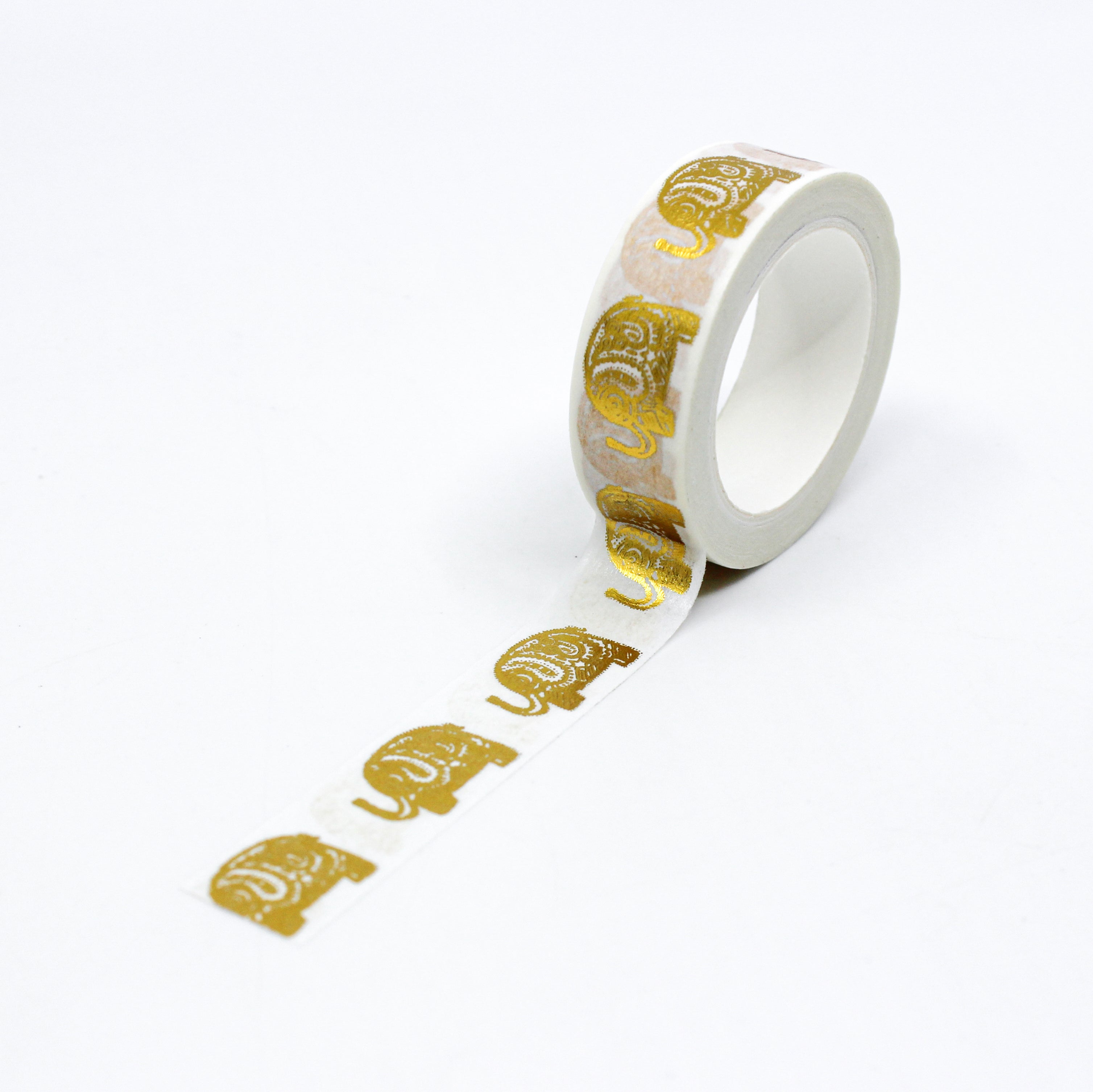 This is a full pattern repeat view of gold foil elephant washi tape from BBB Supplies Craft Shop