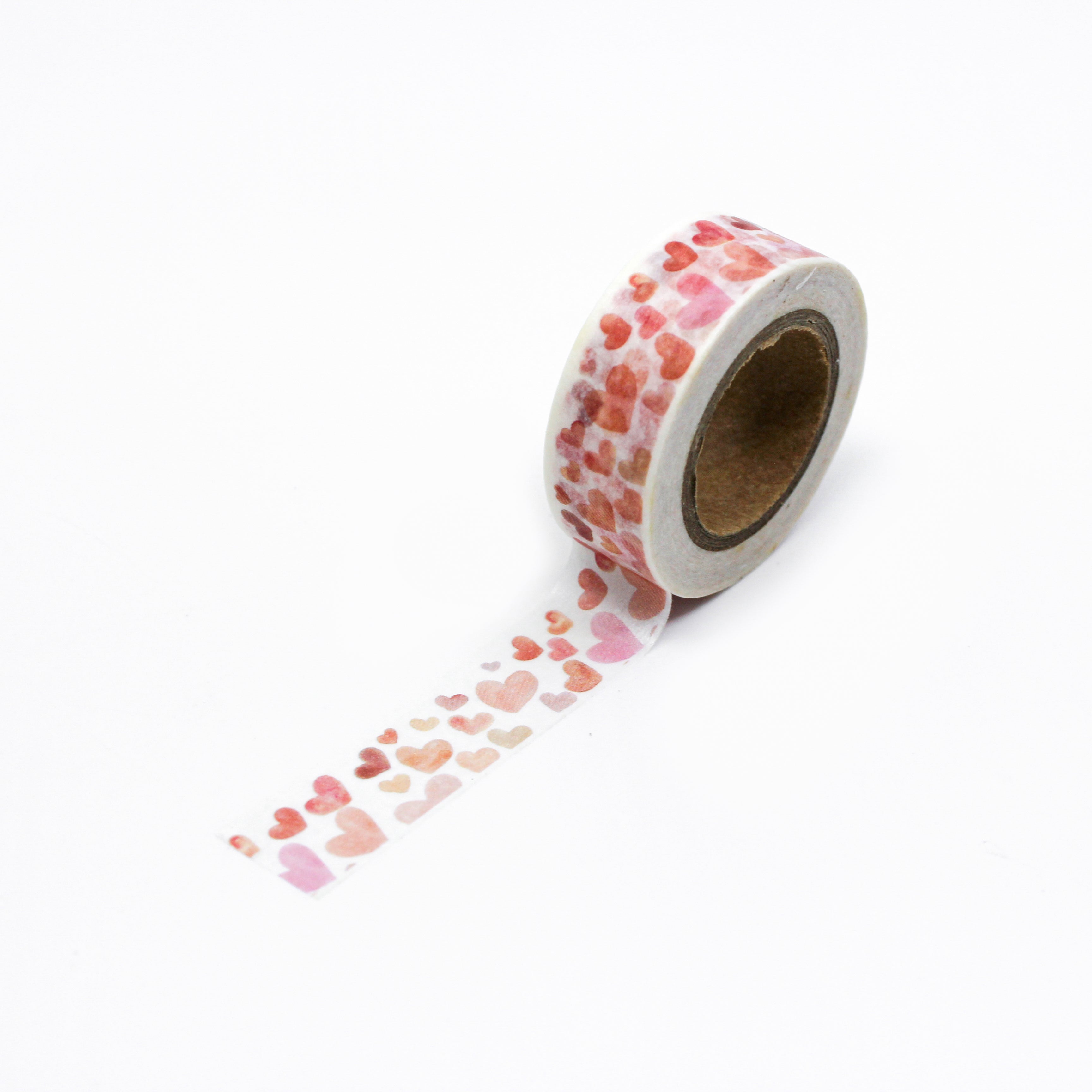 This is a full pattern repeat view of red and pink small and medium hearts washi tape from BBB Supplies Craft Shop