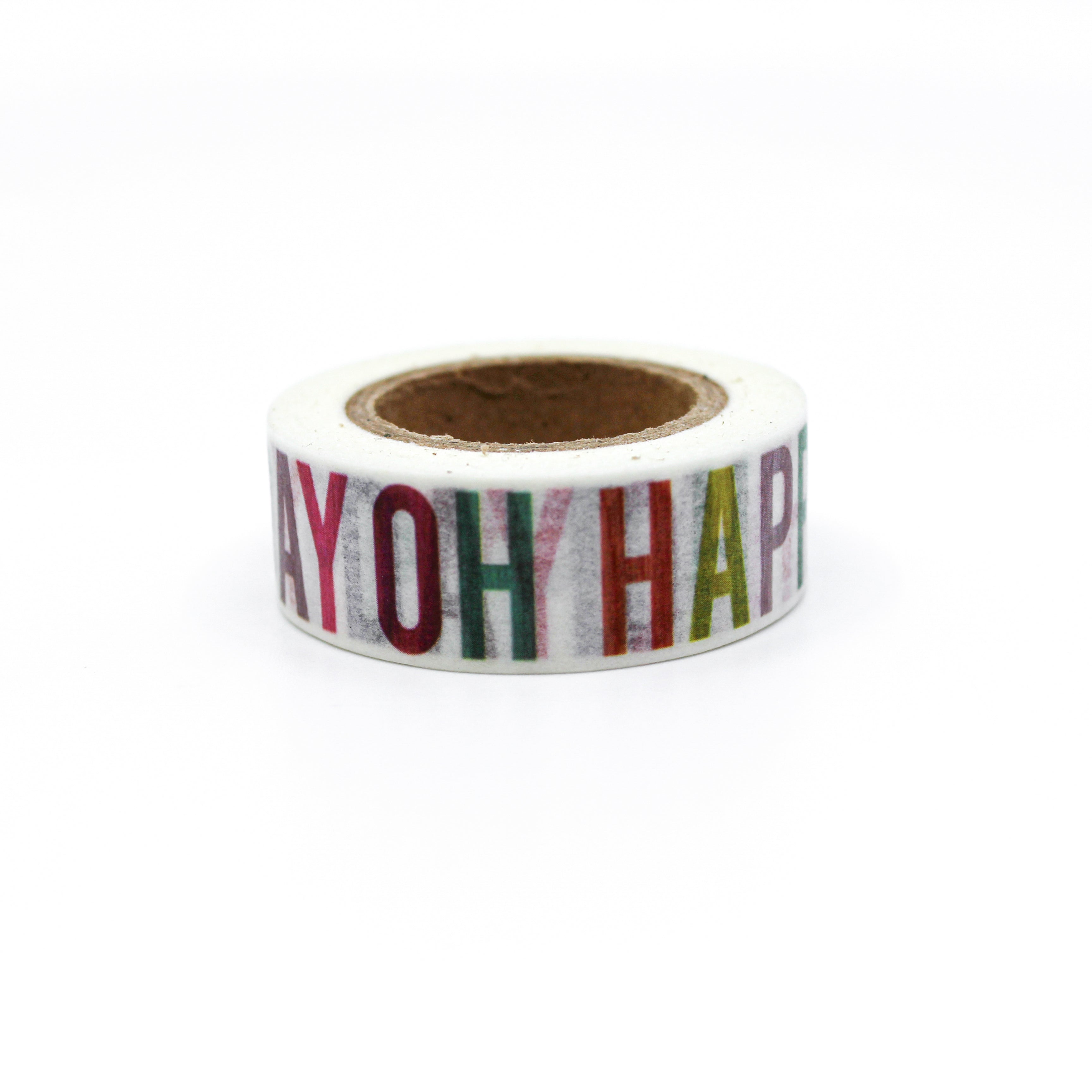 This is a a cute oh happy day  celebration text in a white background pattern washi tape from BBB Supplies Craft Shop