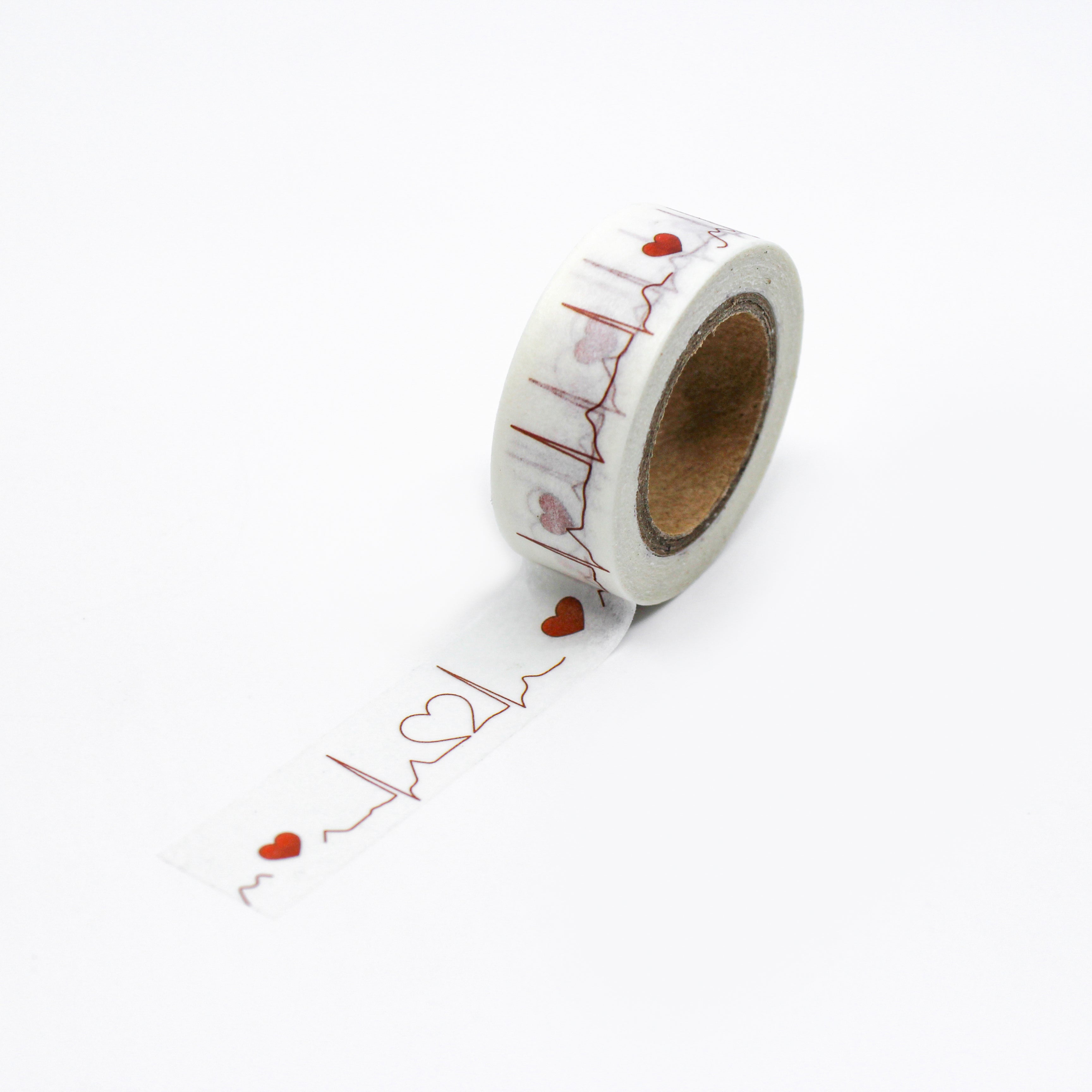 This is a full pattern repeat view of tiny red heart beatin' washi tape from BBB Supplies Craft Shop