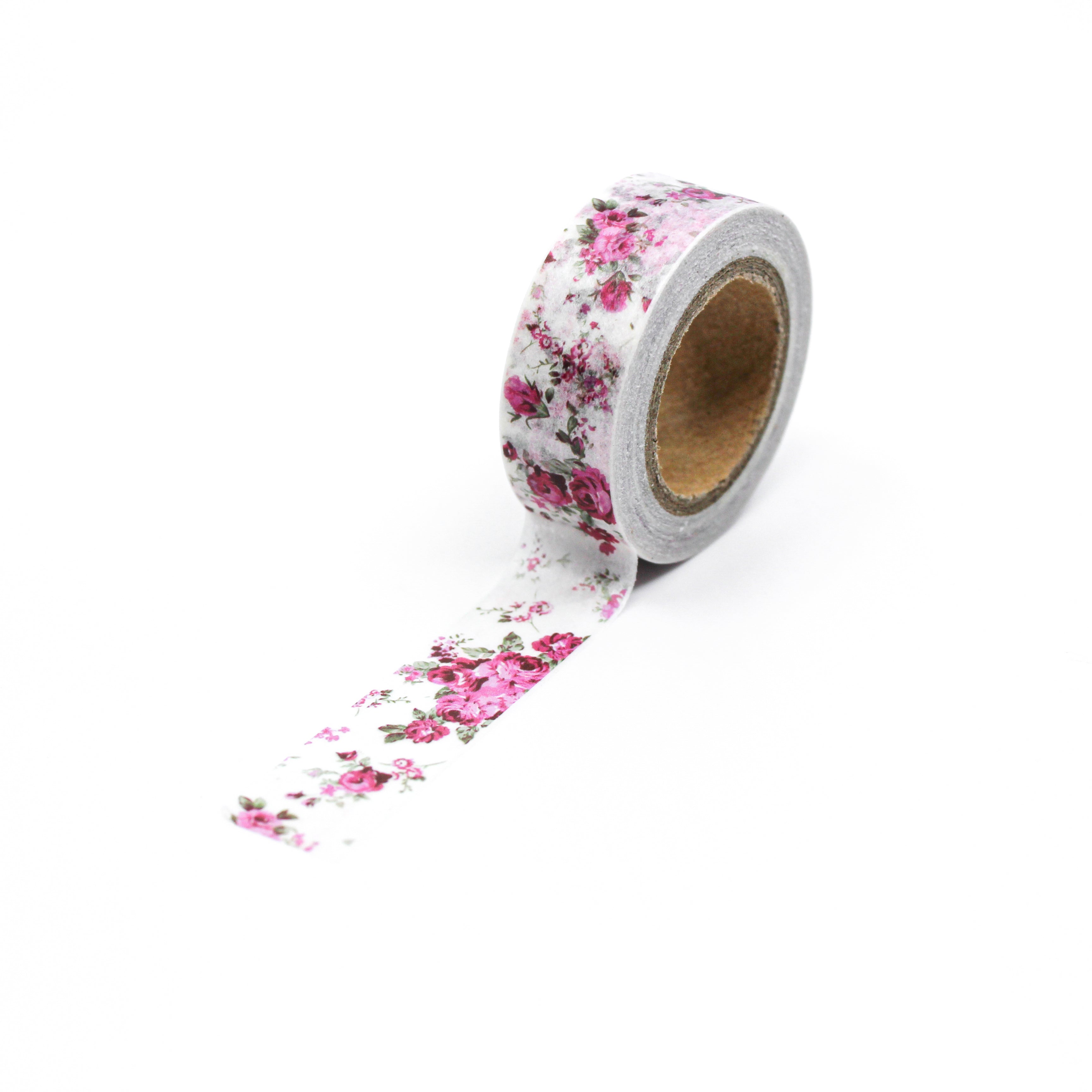 This is a full pattern repeat view of tiny fuchsia rose or pink roses washi tape from BBB Supplies Craft Shop