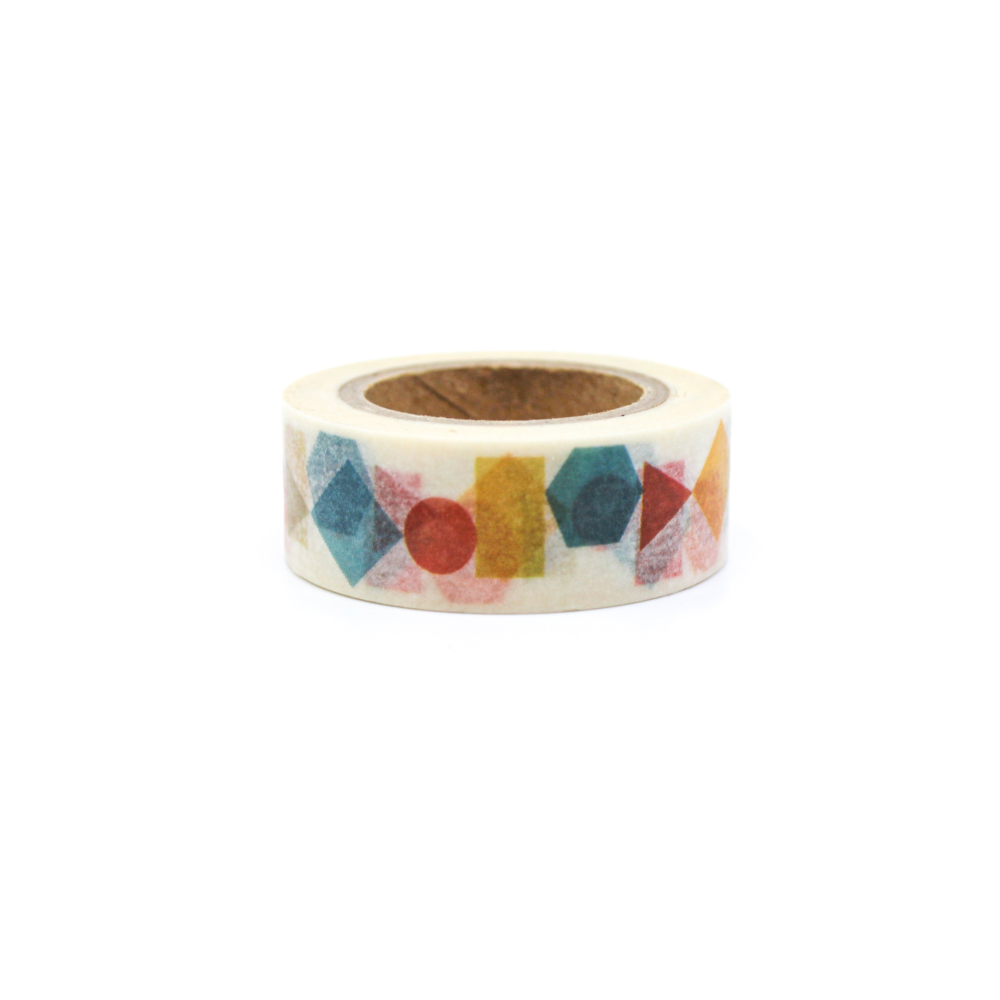 This is a variety colors of geometric regular polygon shapes in a white background washi tape from BBB Supplies Craft Shop