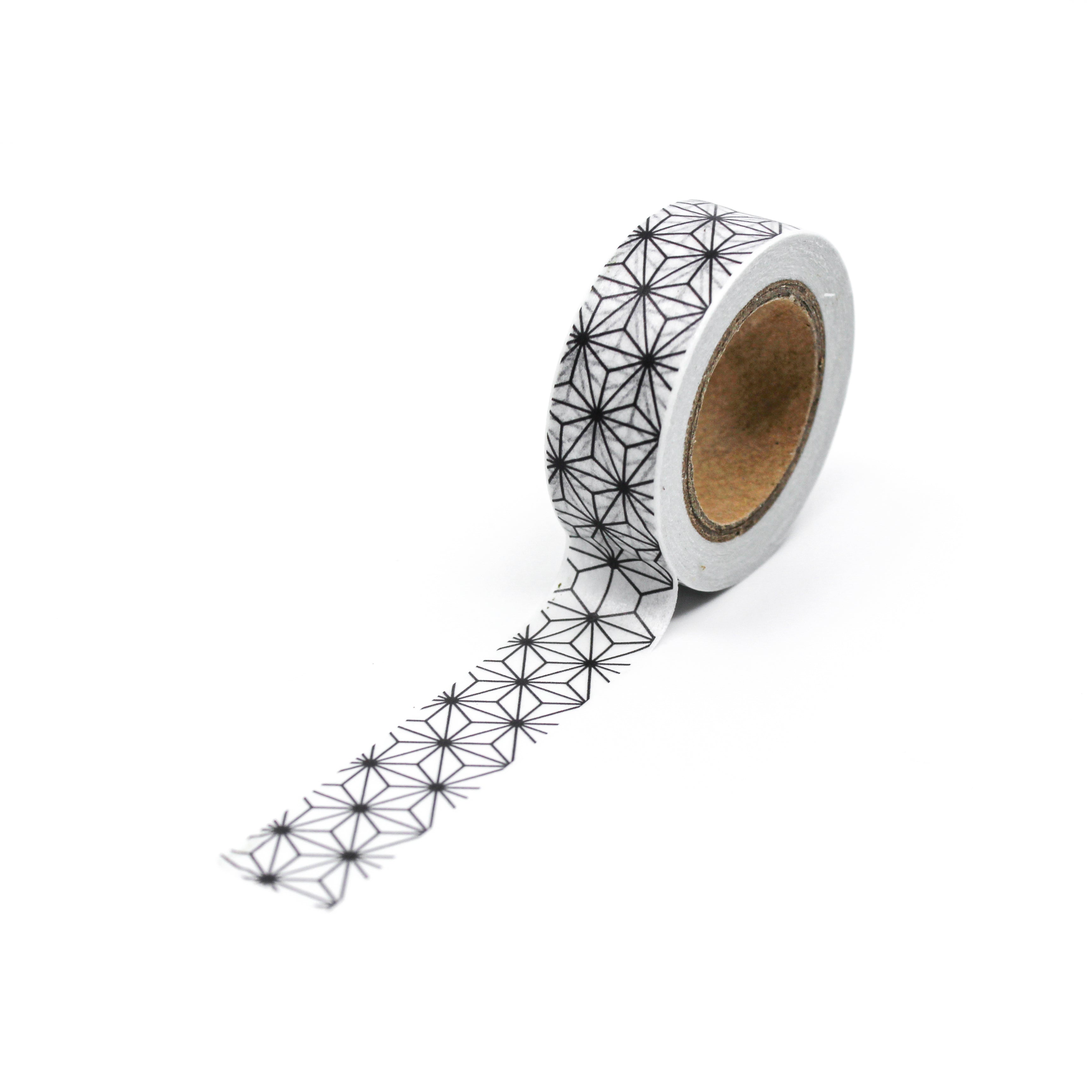 This is a full pattern repeat view of black geometric flower washi tape from BBB Supplies Craft Shop