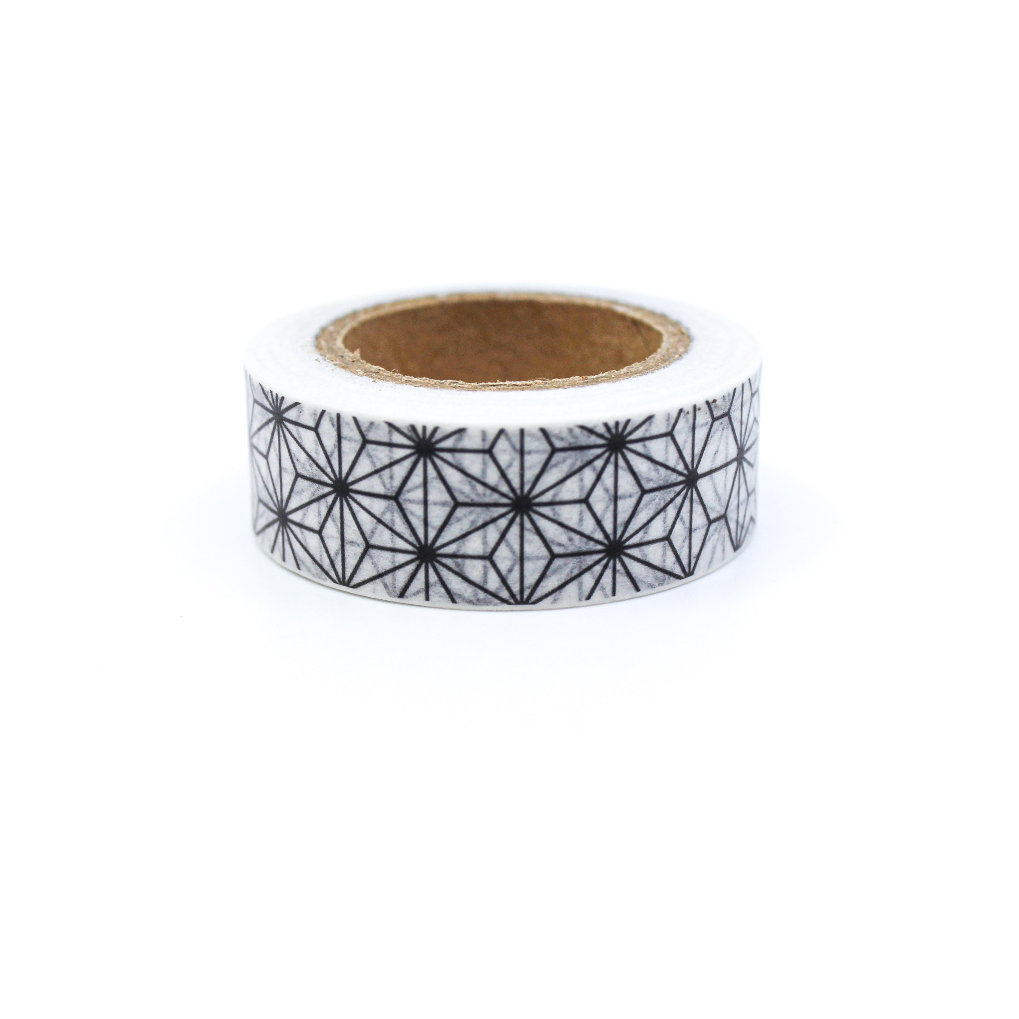 This is a black geo star in a white background washi tape from BBB Supplies Craft Shop