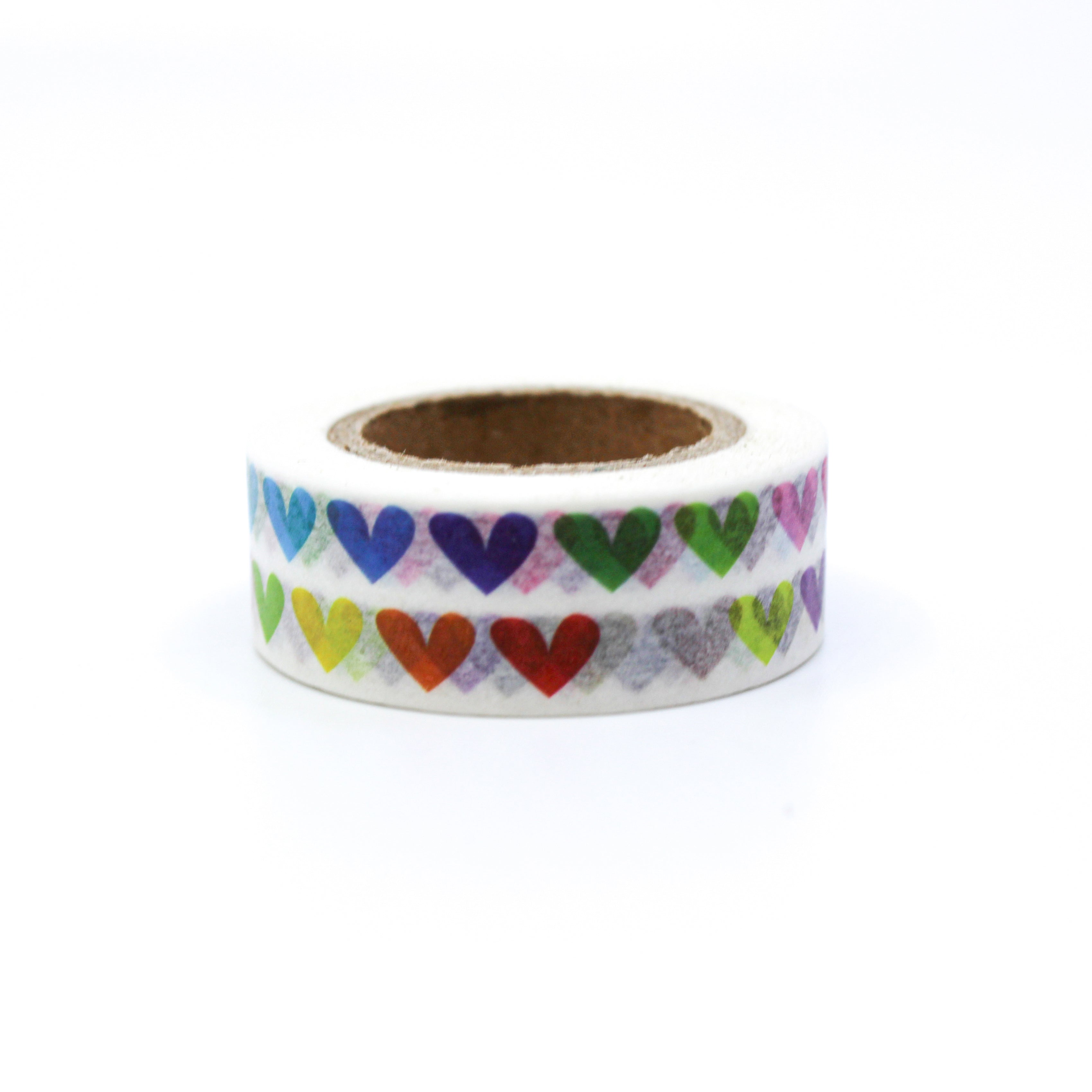 This is a various color two row hearts pattern with white background washi tape from BBB Supplies Craft Shop