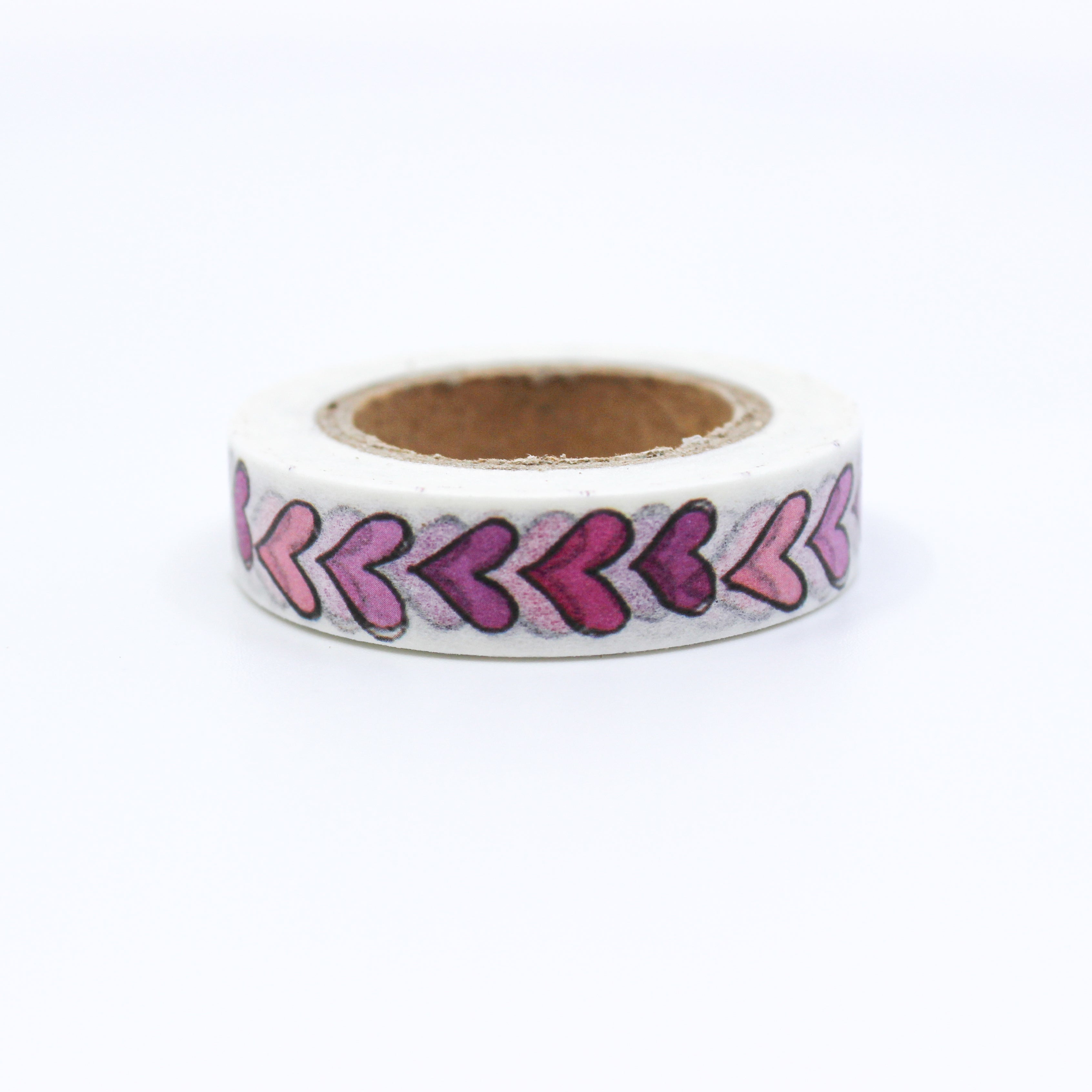 This is a pink, purple and red hand drawn hearts in a white background washi tape from BBB Supplies Craft Shop