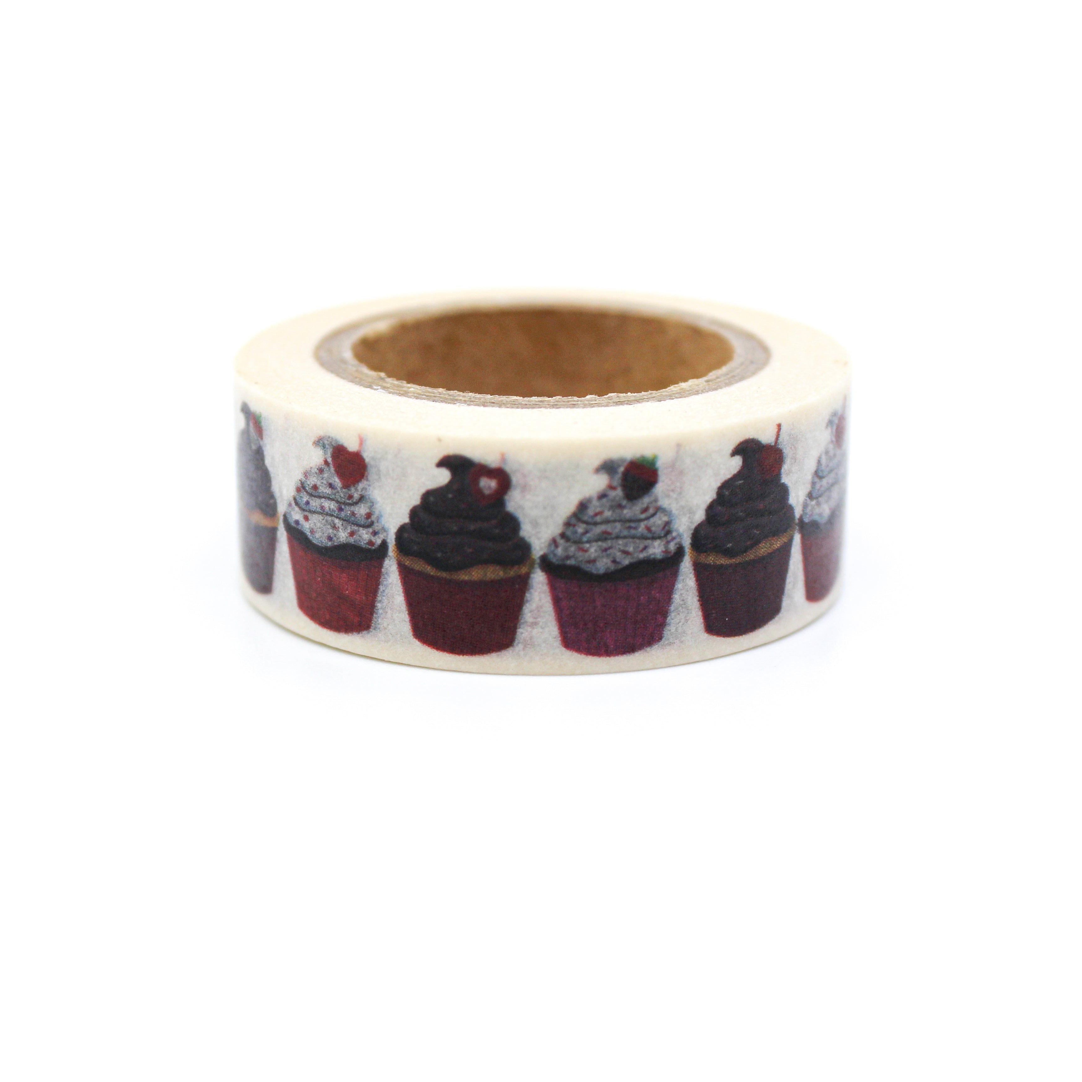 This is a brown and pink cupcakes with cherry on top in a white background washi tape from BBB Supplies Craft Shop