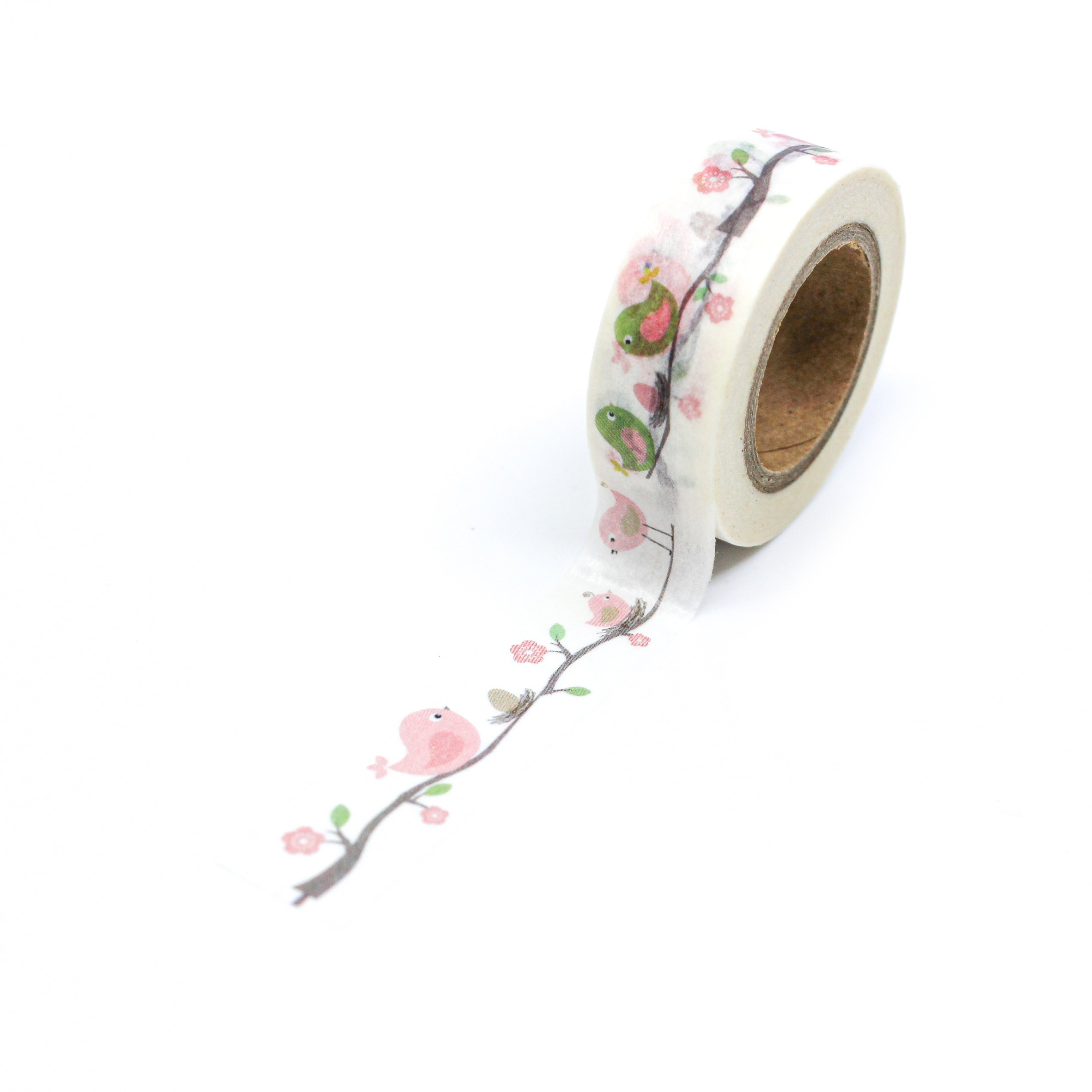 This is a full pattern repeat view of cute birds on a branch of tree washi tape from BBB Supplies Craft Shop