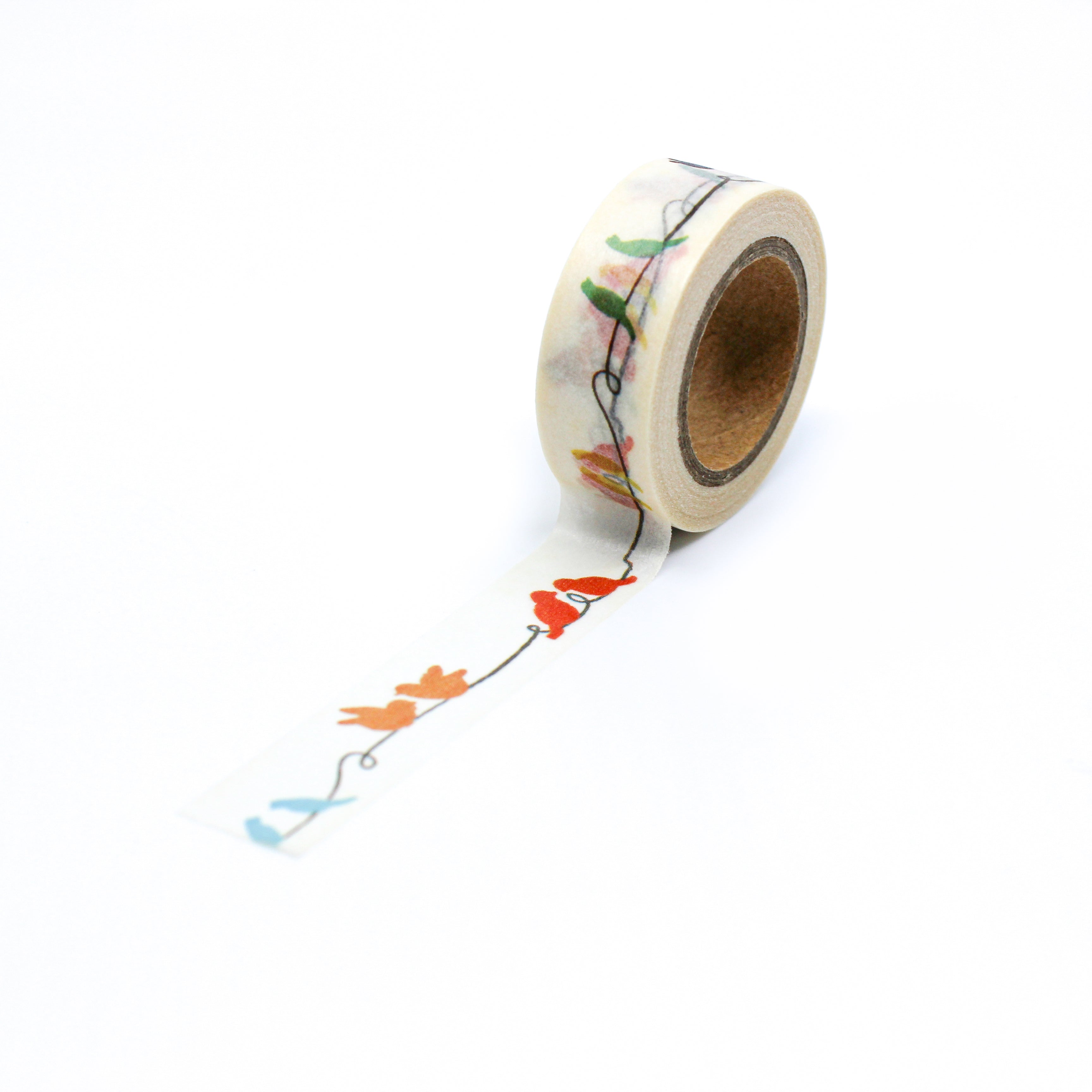 This is a full pattern repeat view of multi-color birds on a wire washi tape from BBB Supplies Craft Shop
