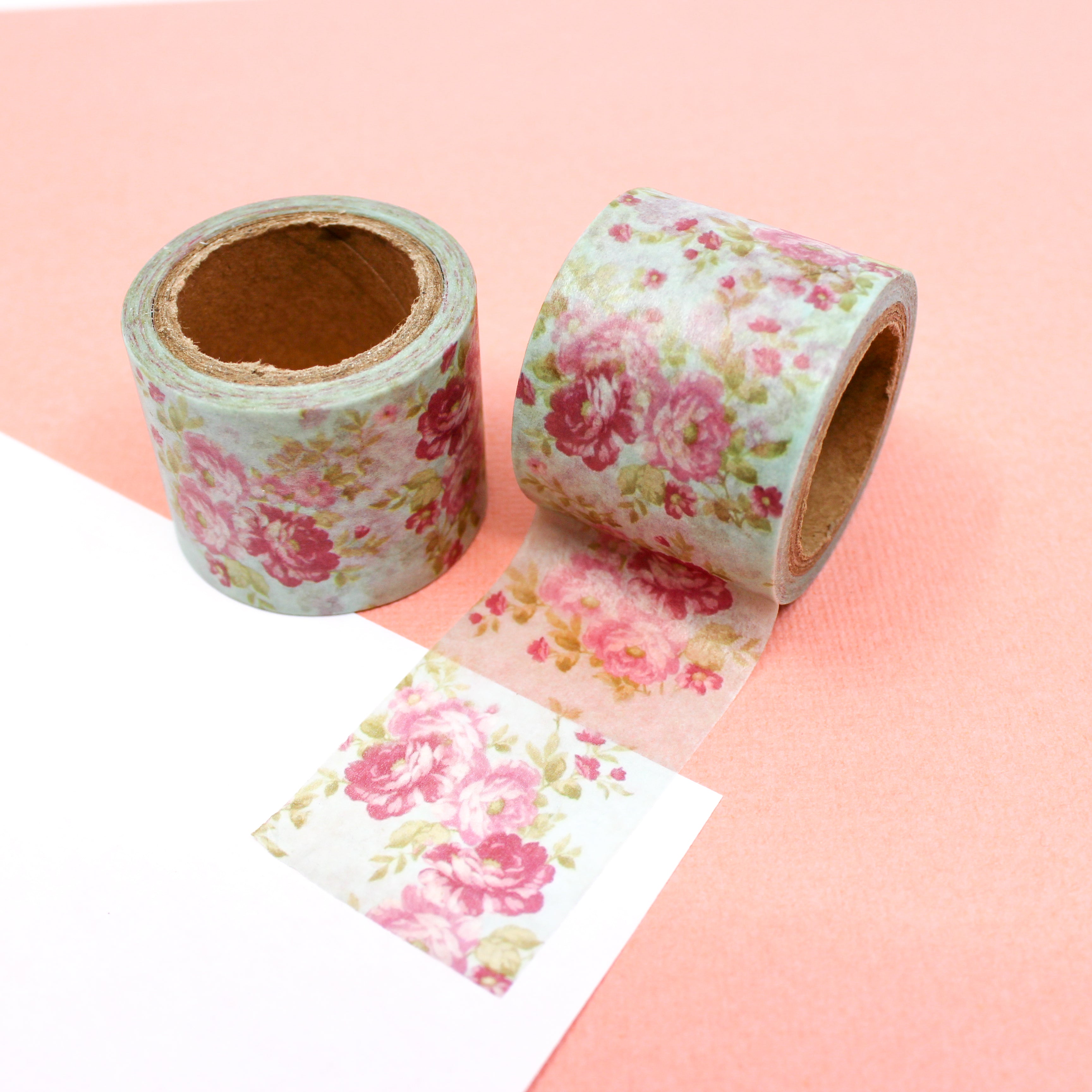 This is a vintage blue and pink floral view themed wide washi tape from BBB Supplies Craft Shop