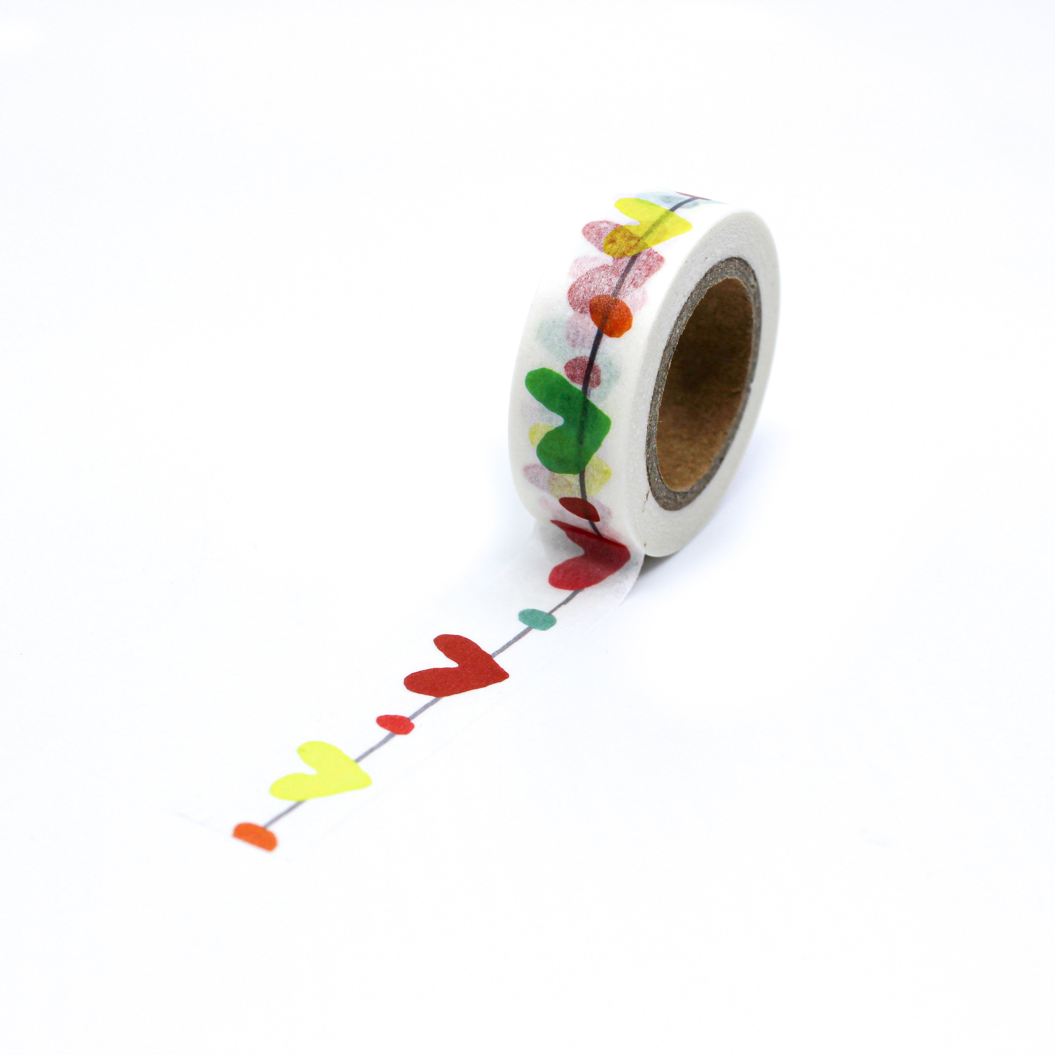 This is a full pattern repeat view of colorful hearts on a string wire washi tape from BBB Supplies Craft Shop