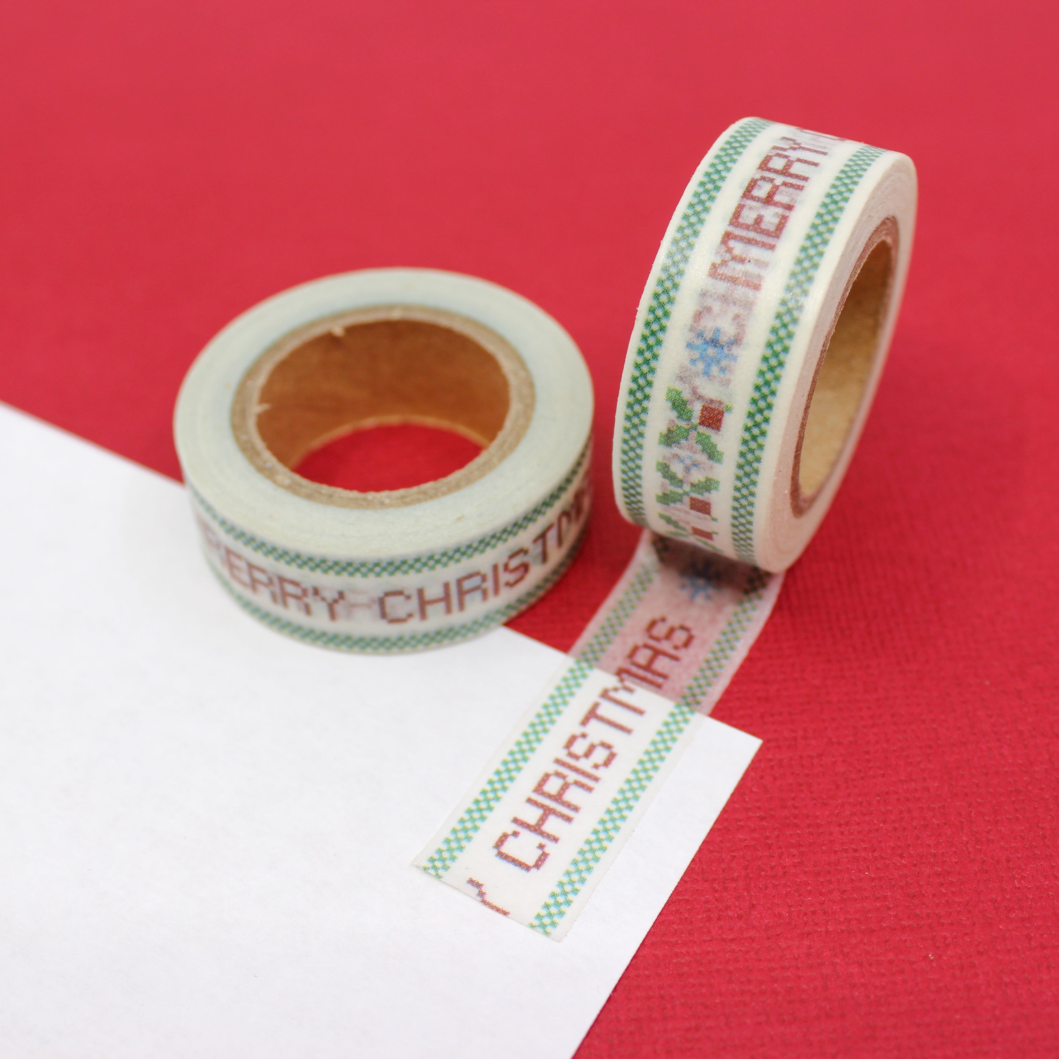 This is a Merry Christmas text or greeting with sweater cross stitch pattern Washi Tape from BBB Supplies Craft Shop