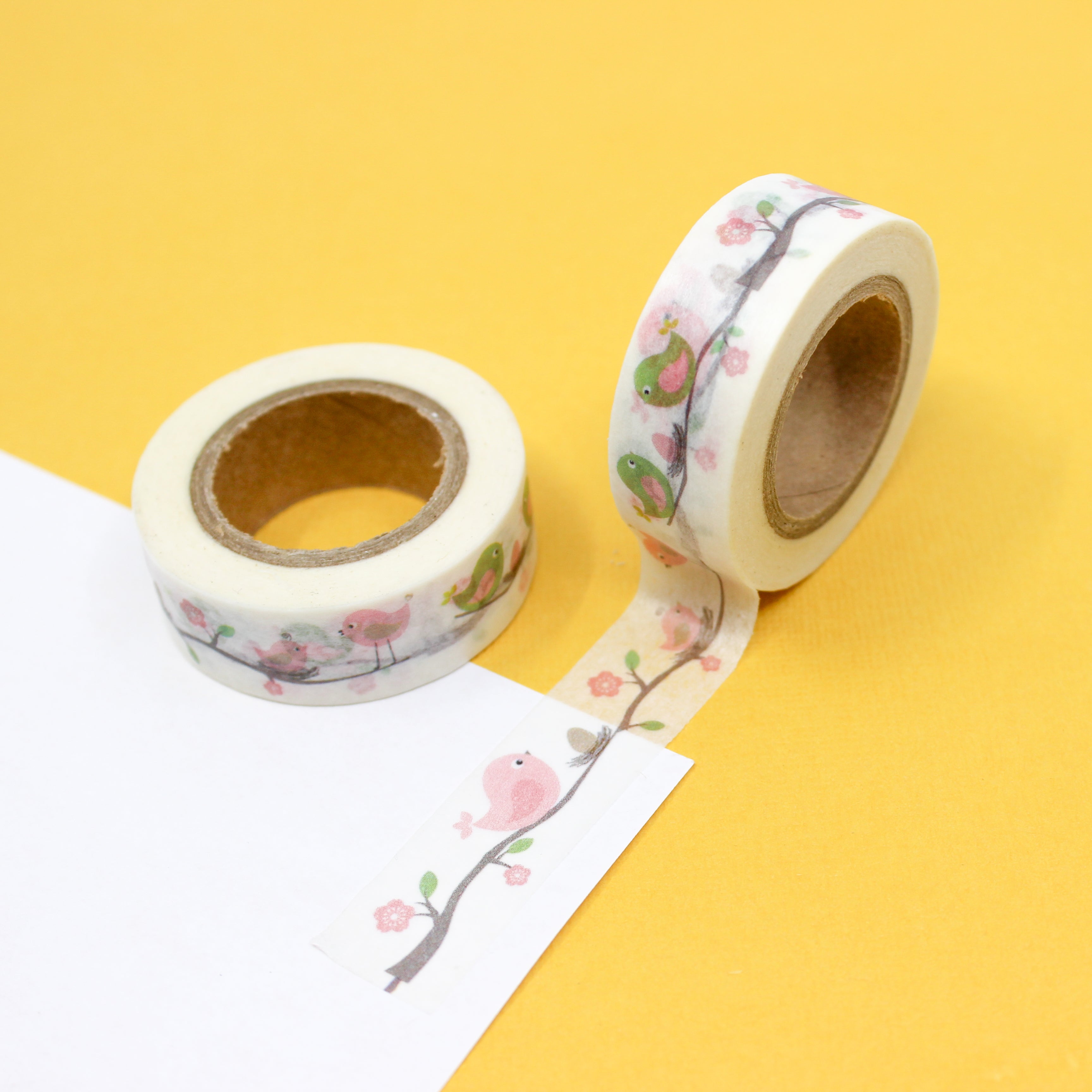 This is a green and pink birds on branch washi tape from BBB Supplies Craft Shop