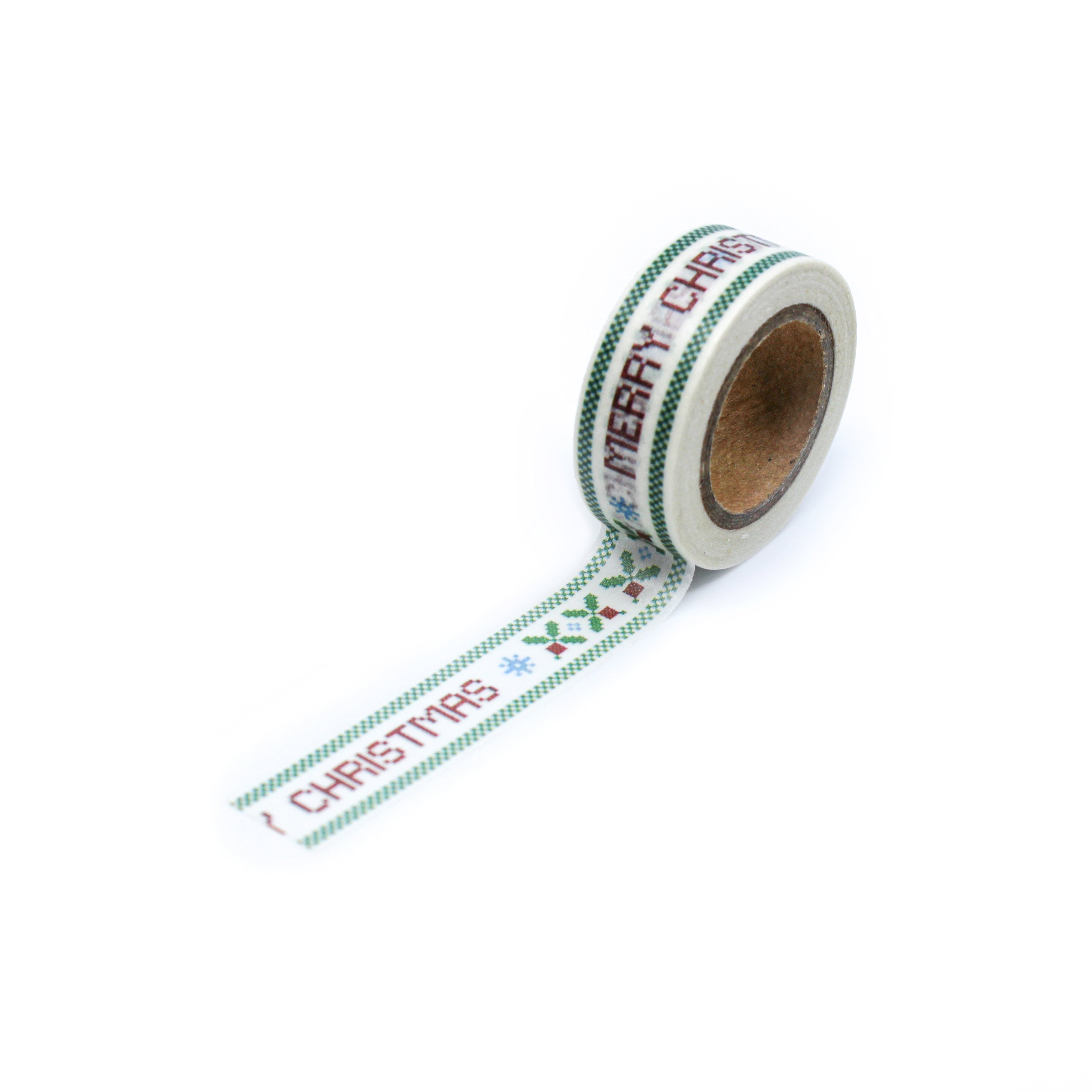 This is a full pattern repeat view of red Merry Christmas greetings with cross stitch pattern Washi Tape from BBB Supplies Craft Shop